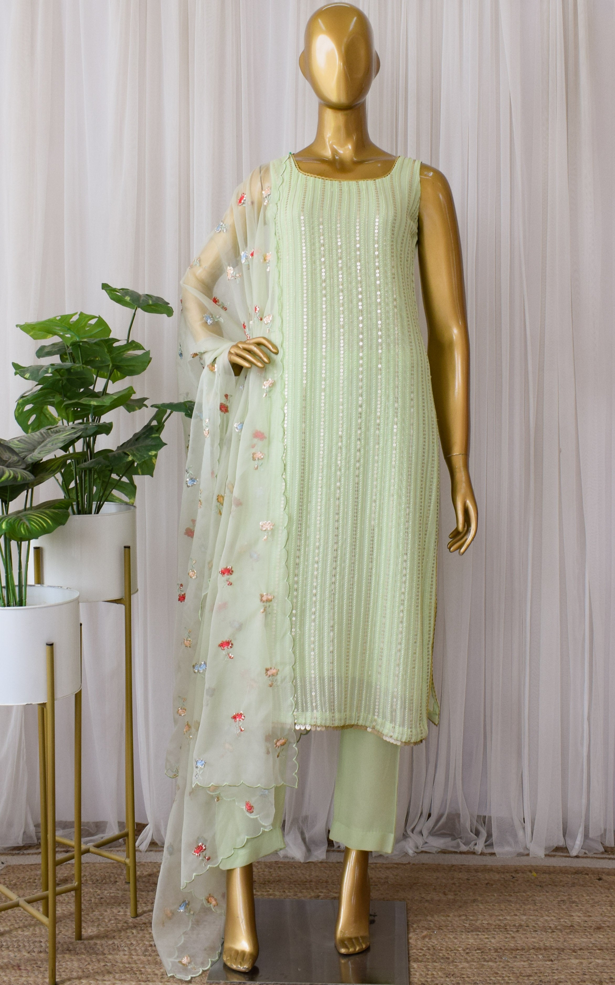 Swati Rathi Tea Green Sequins Kurta Set with Embroidered Organza Dupatta