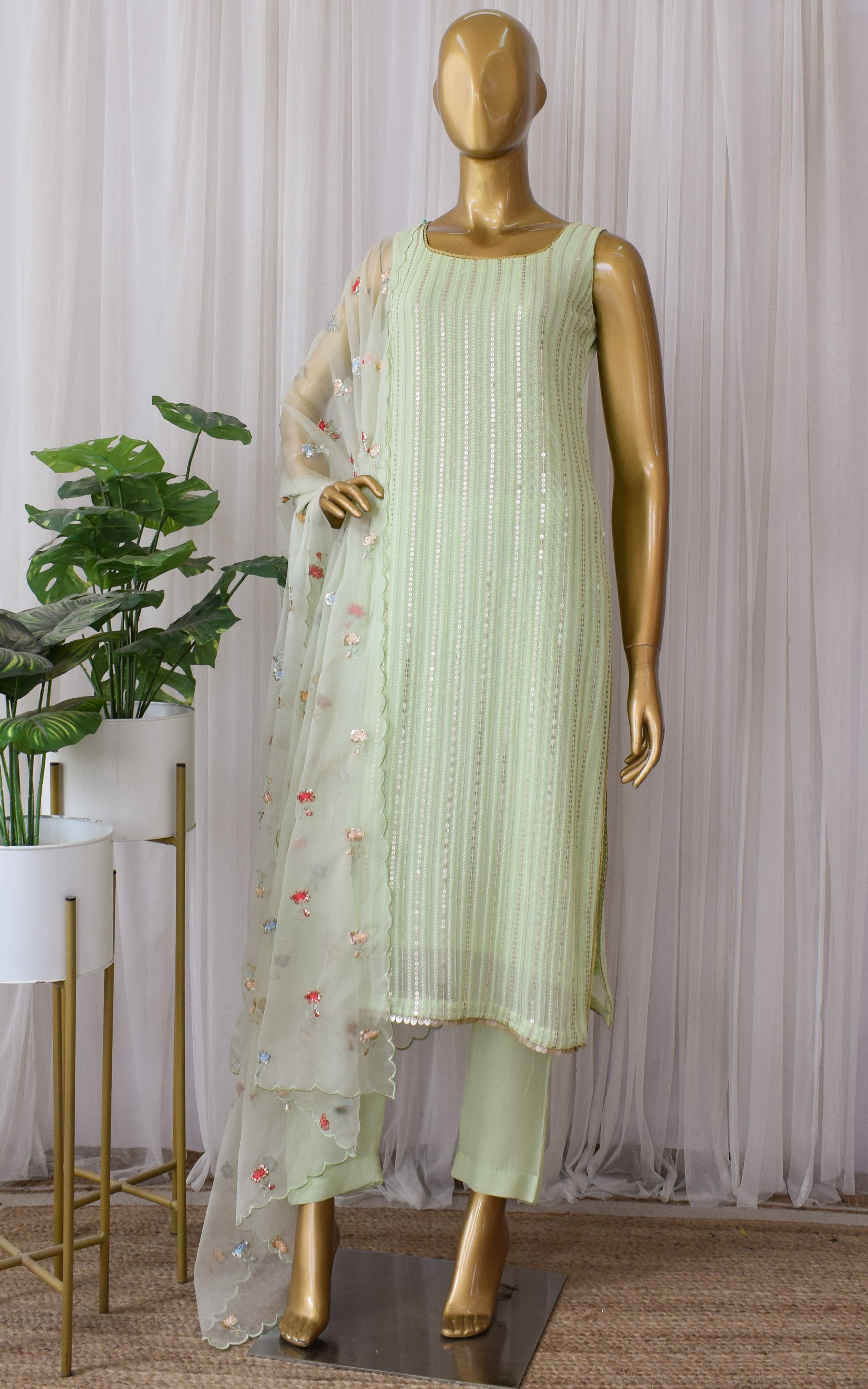 Swati Rathi Tea Green Sequins Kurta Set with Embroidered Organza Dupatta