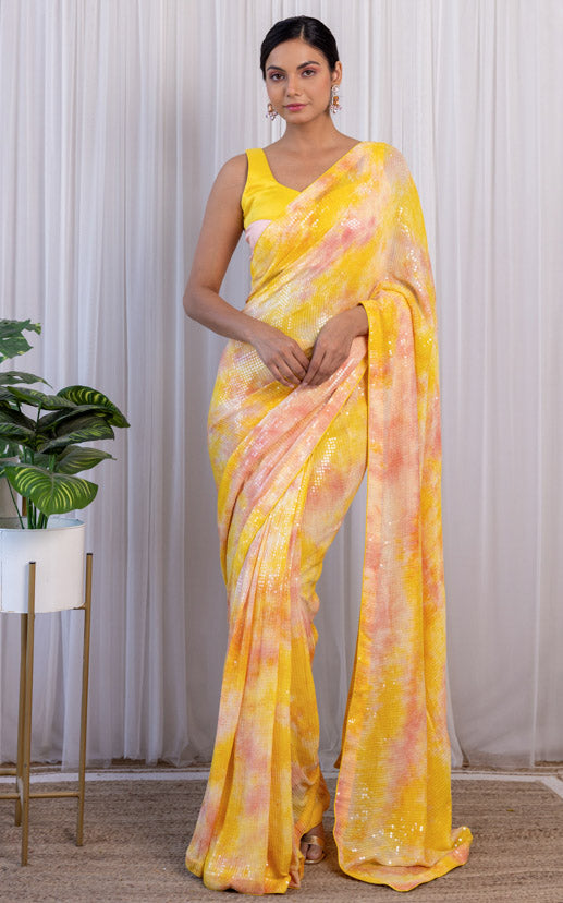 Yellow Pink Shibori Sequins Saree