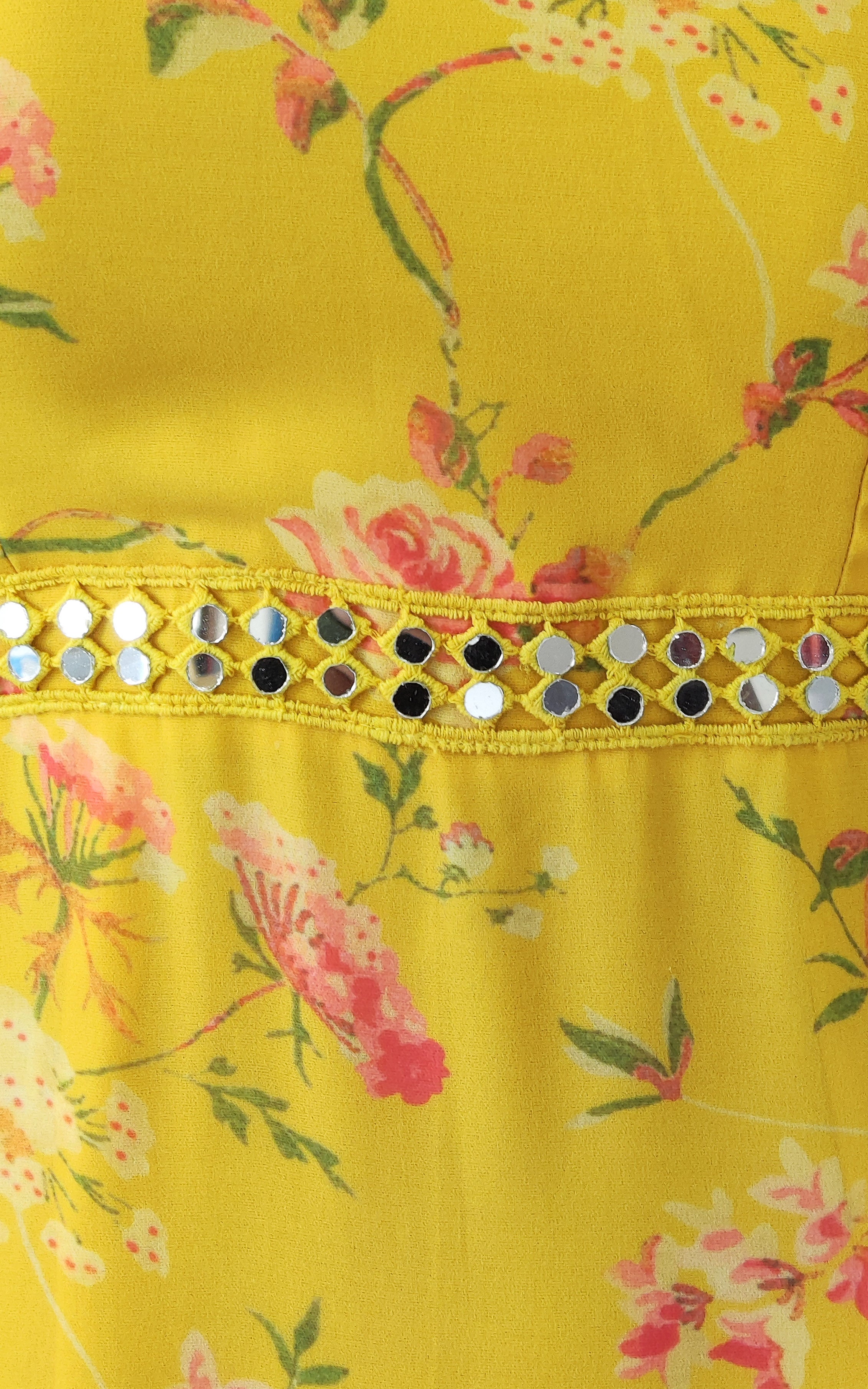 One Shoulder Mustard Printed Georgette Mirrorwork Dress