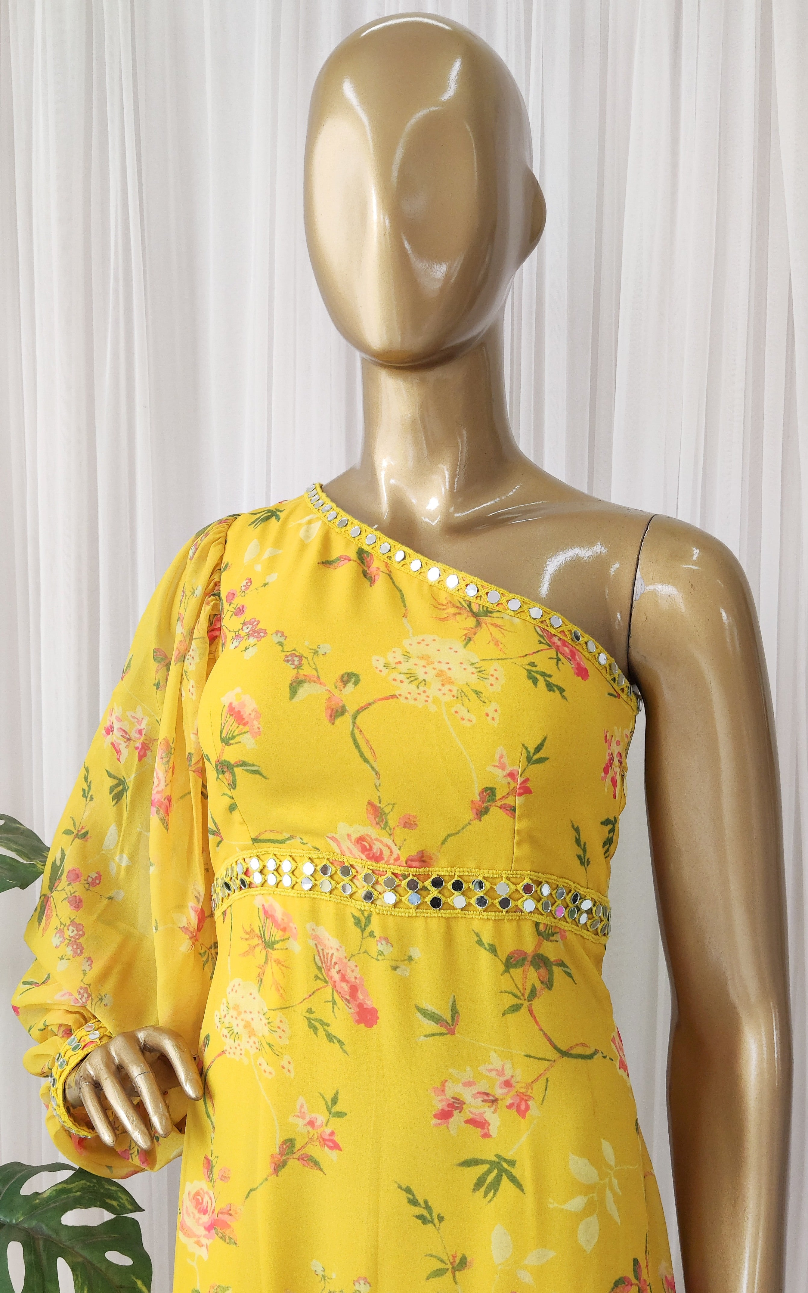 Sapna One Shoulder Mustard Printed Georgette Mirrorwork Dress