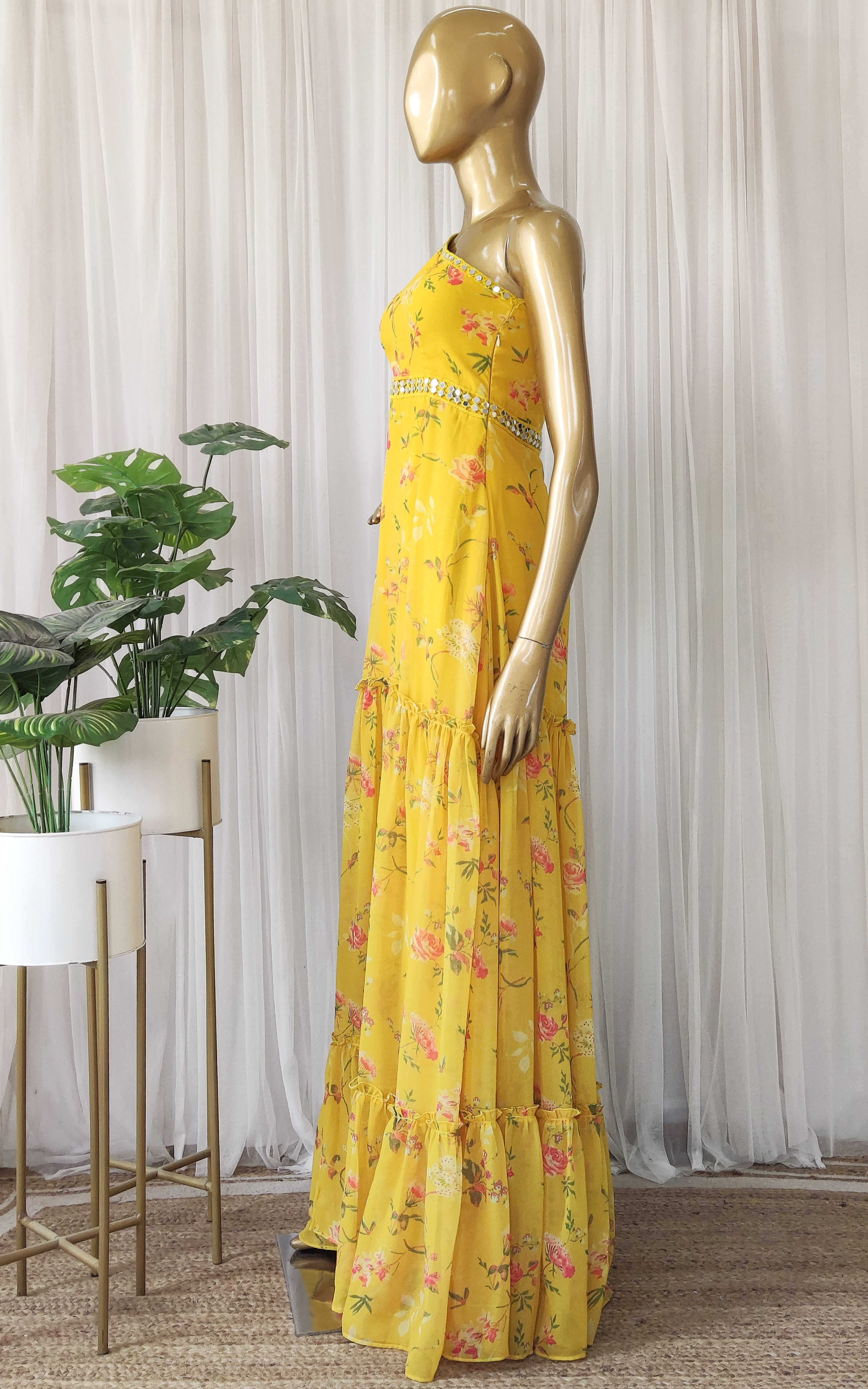 Sapna One Shoulder Mustard Printed Georgette Mirrorwork Dress