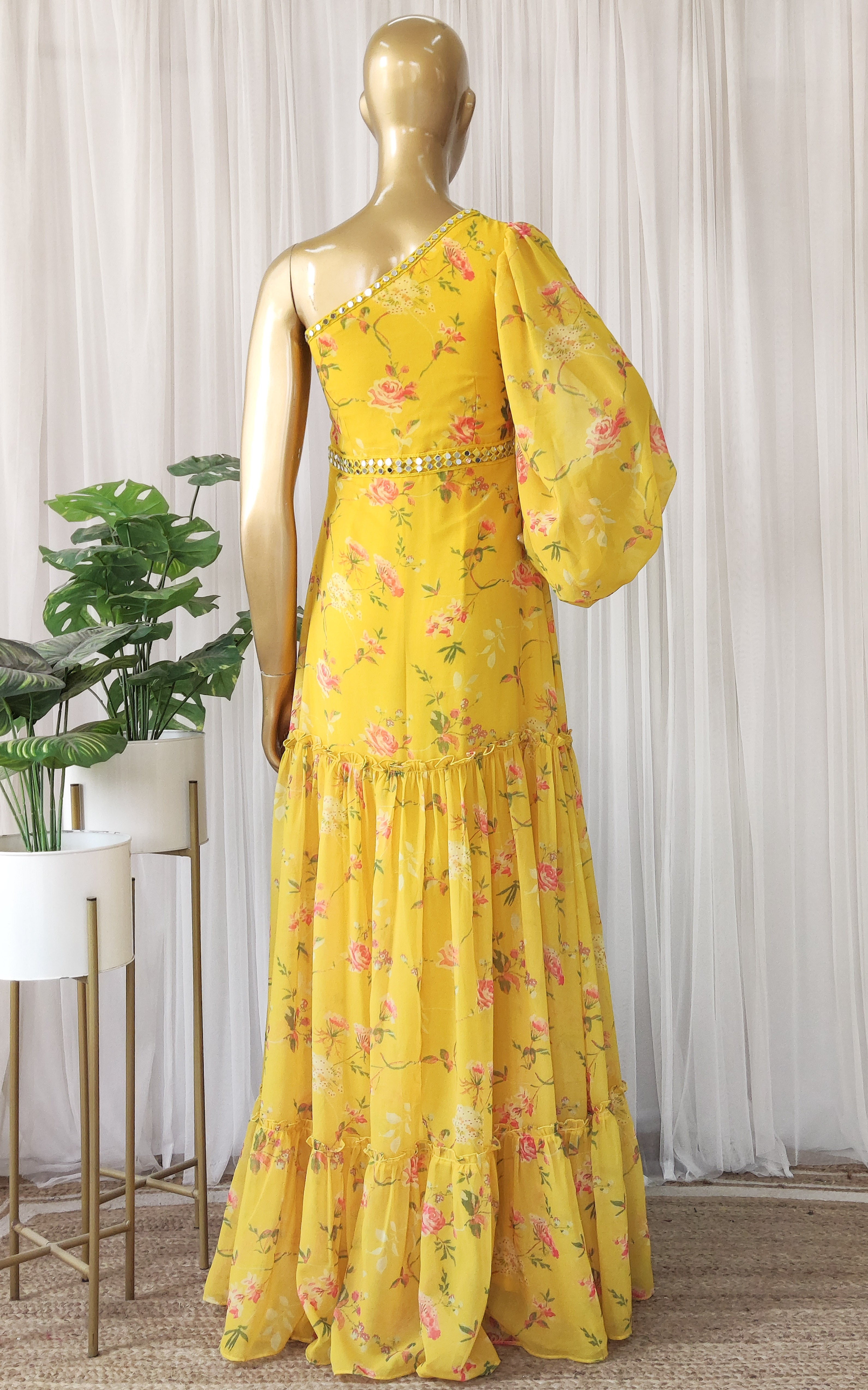 One Shoulder Mustard Printed Georgette Mirrorwork Dress