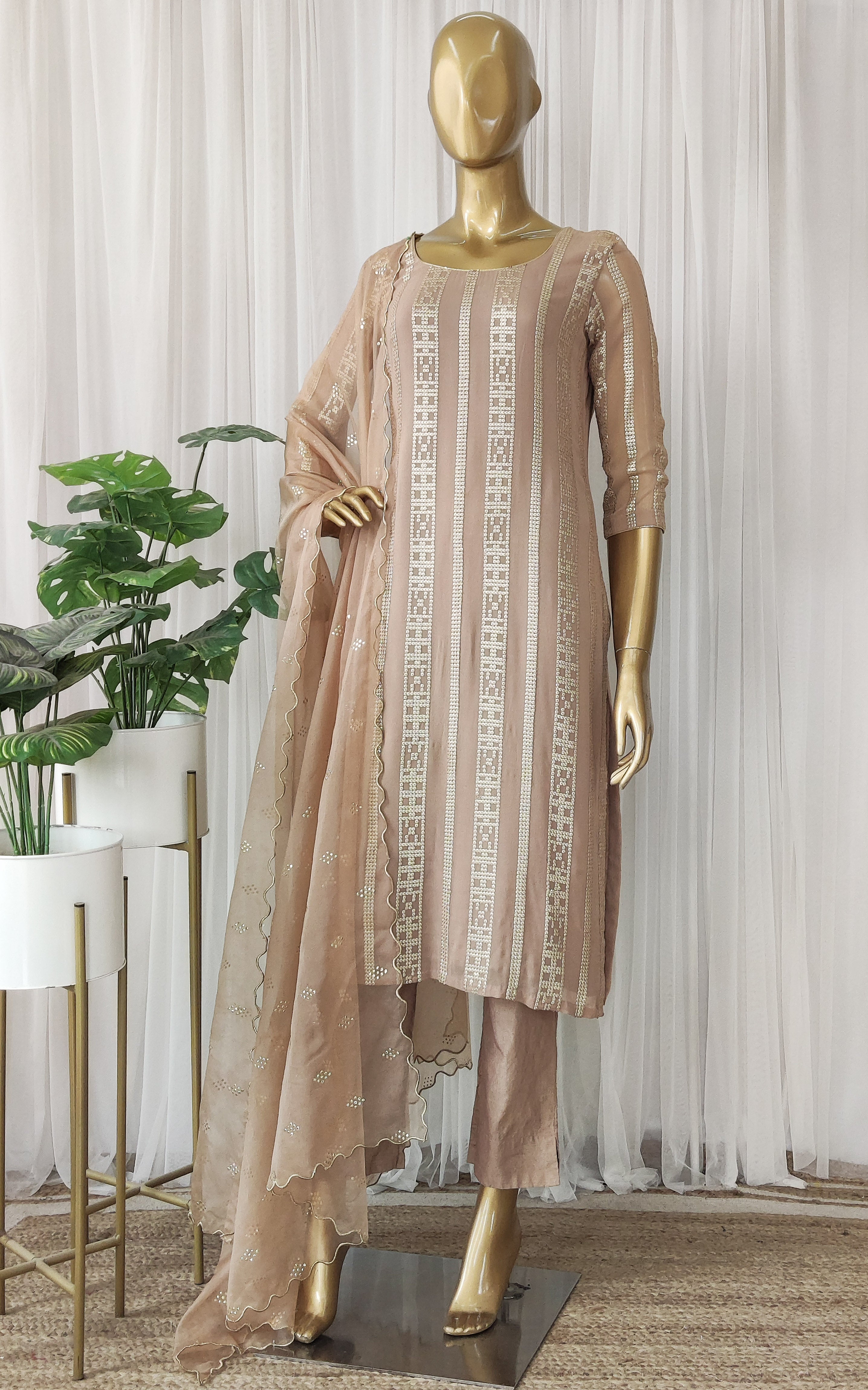 Walnut Sequin Kurta Pant Set with Organza Dupatta