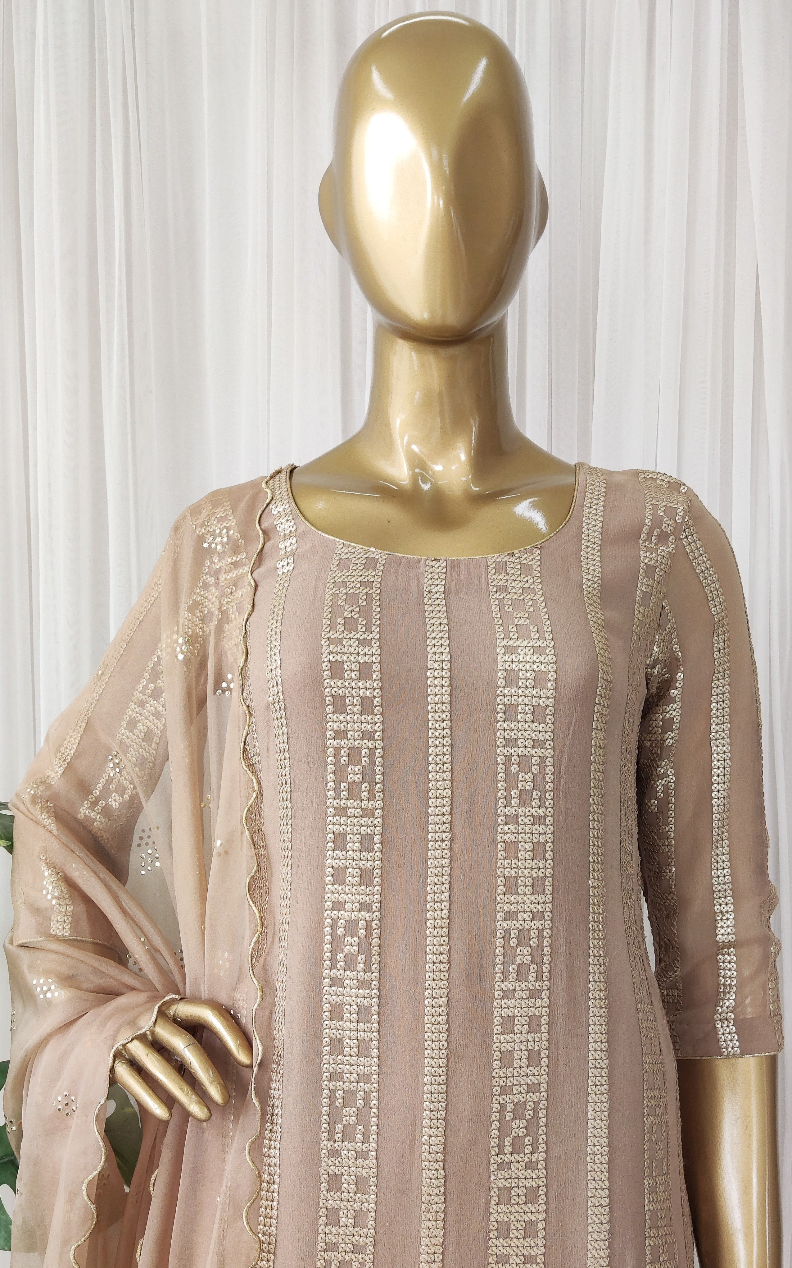 Walnut Sequin Kurta Pant Set with Organza Dupatta