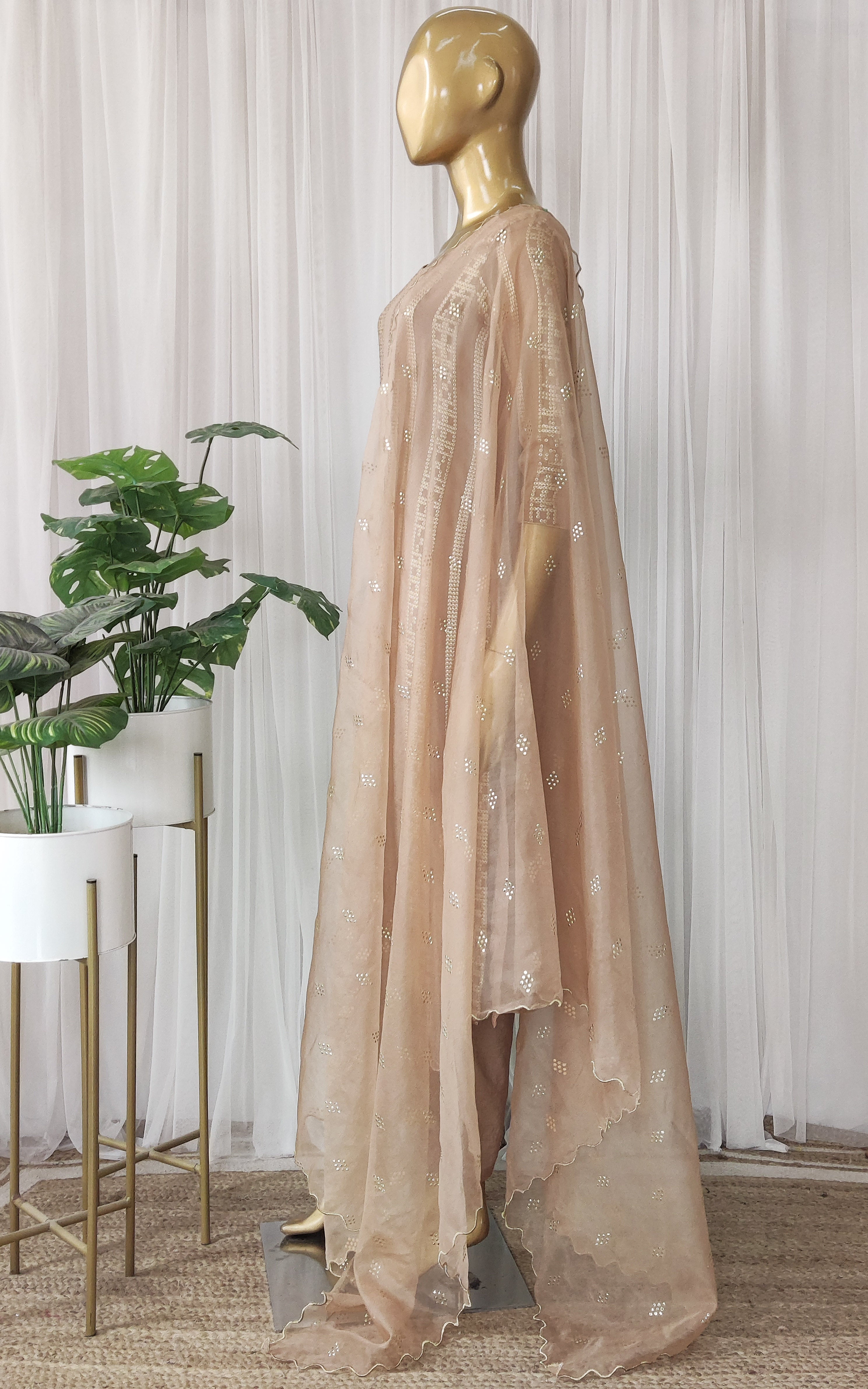 Walnut Sequin Kurta Pant Set with Organza Dupatta