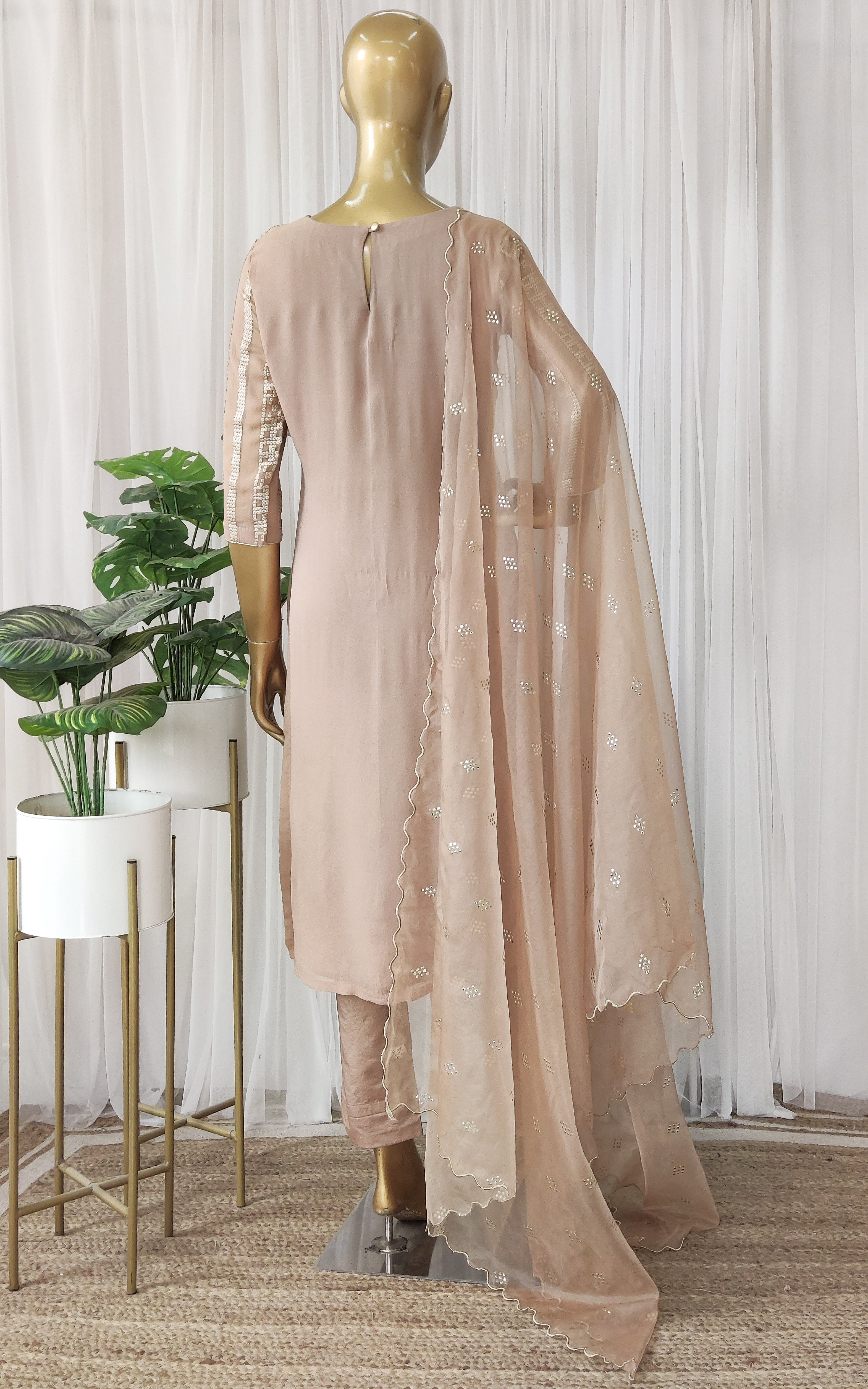 Walnut Sequin Kurta Pant Set with Organza Dupatta