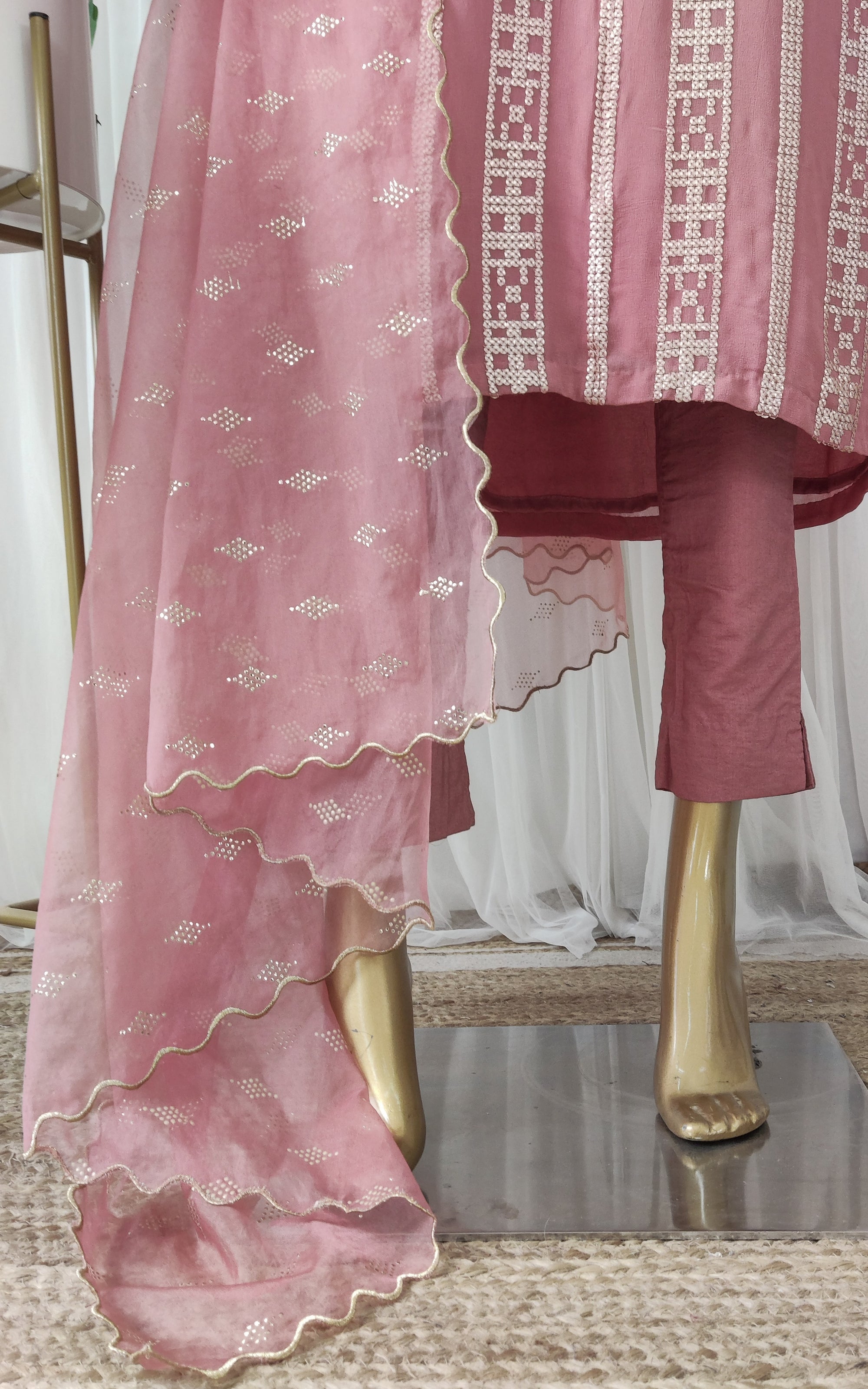 Dirty Pink Panelled Kurta with Dhoti Pants and Organza Dupatta main image 1