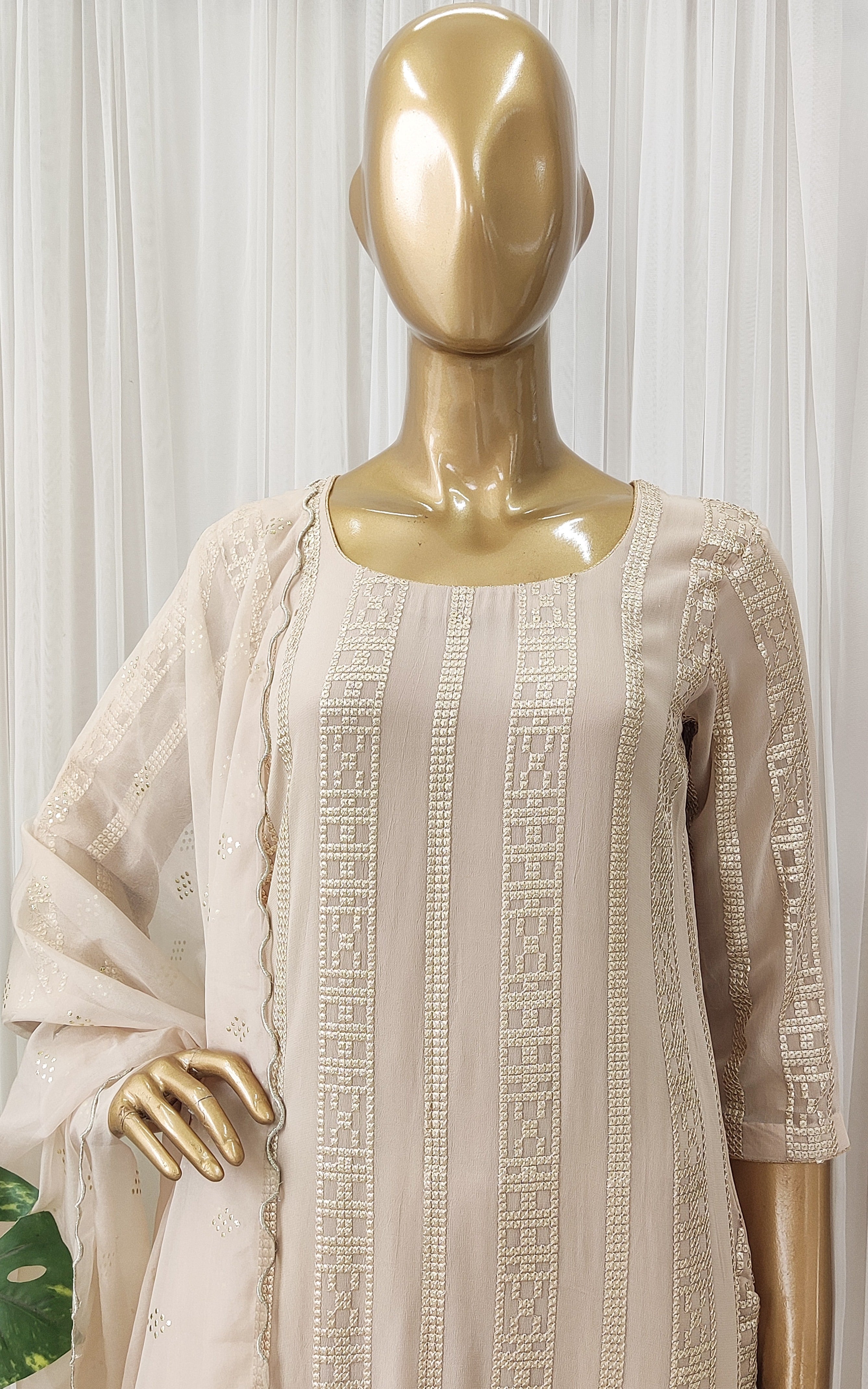 Cream Kurta Pant Set with Organza Dupatta