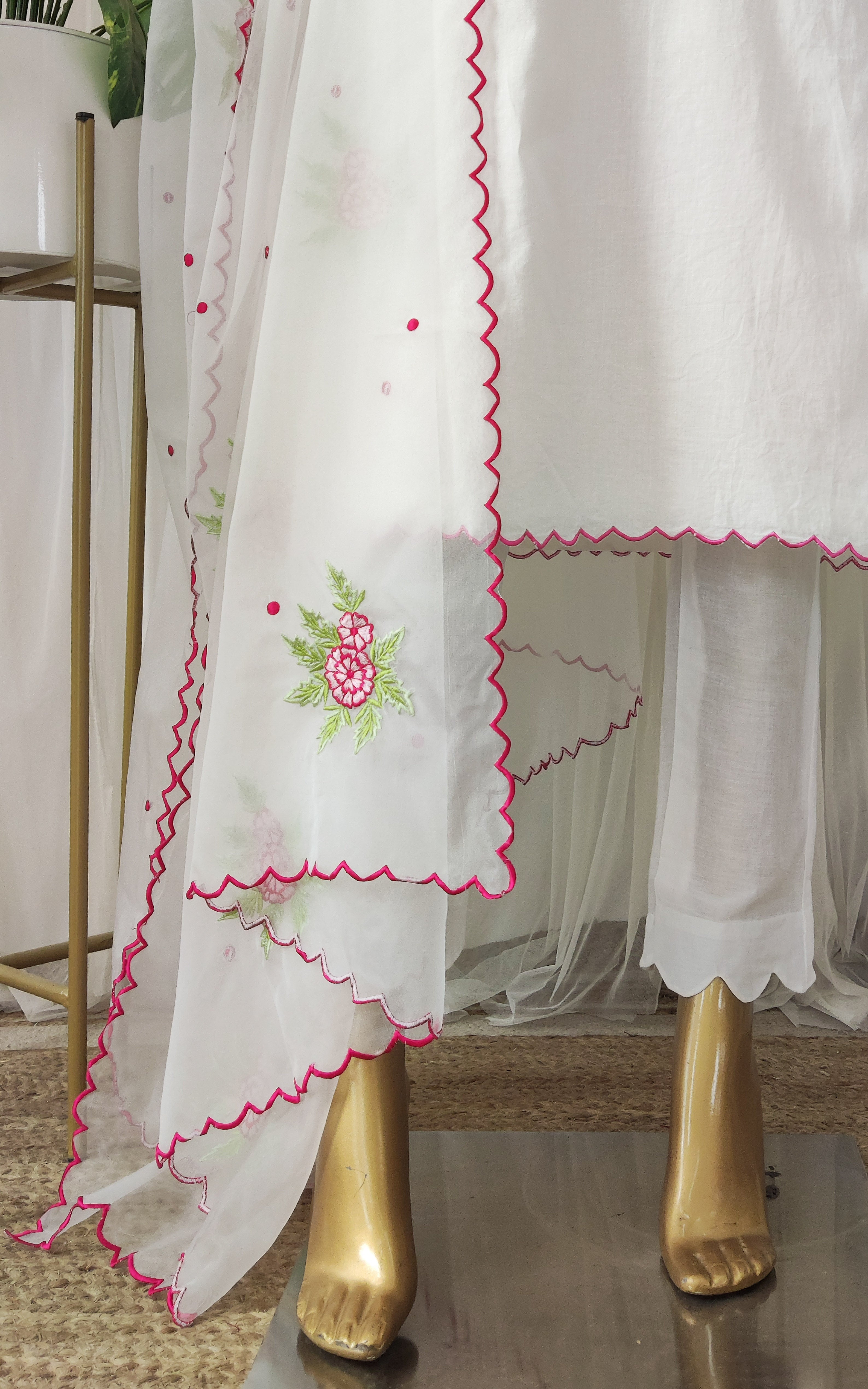 White Cotton Kurta Set with Embroidered Organza Dupatta