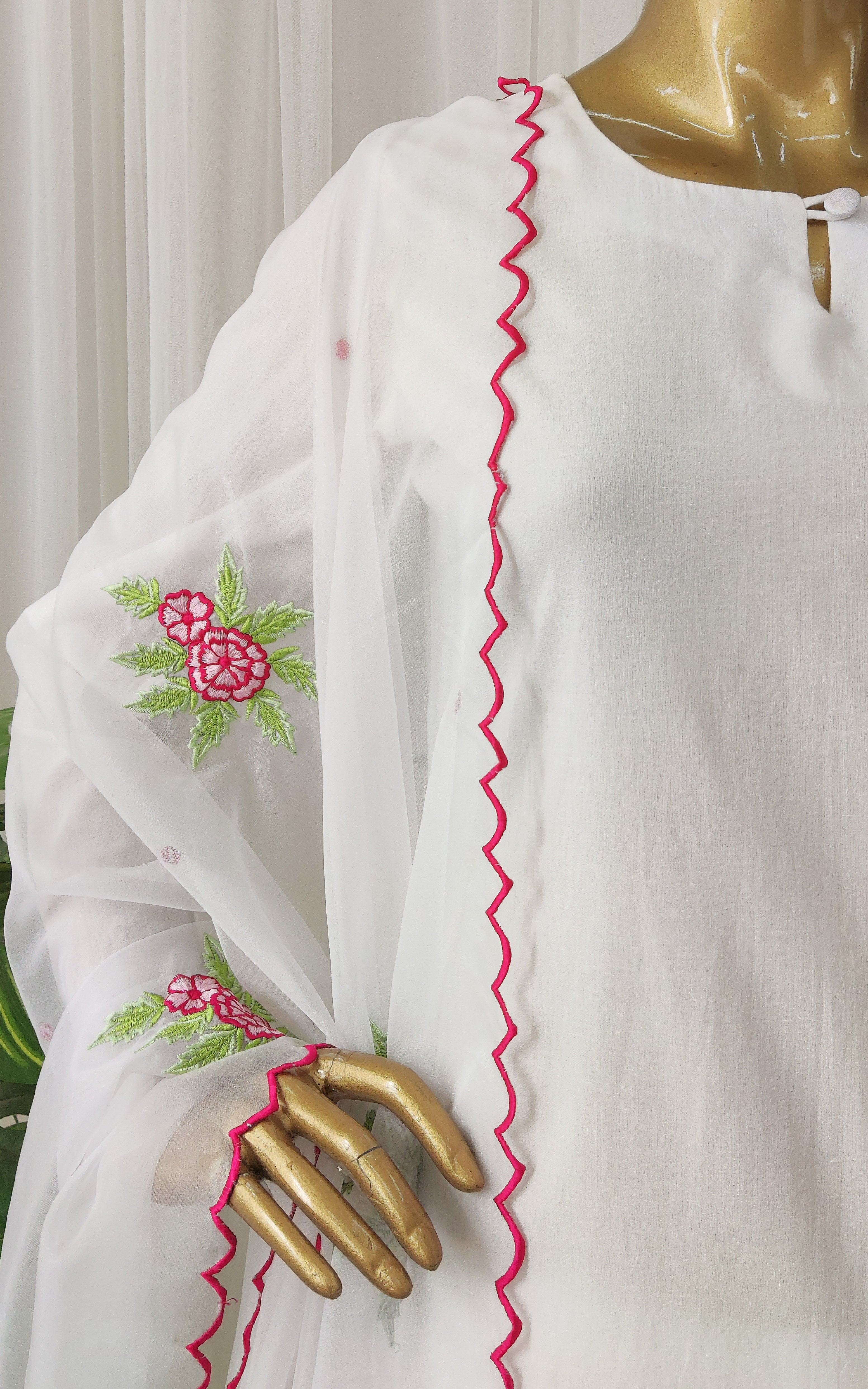 White Cotton Kurta Set with Embroidered Organza Dupatta