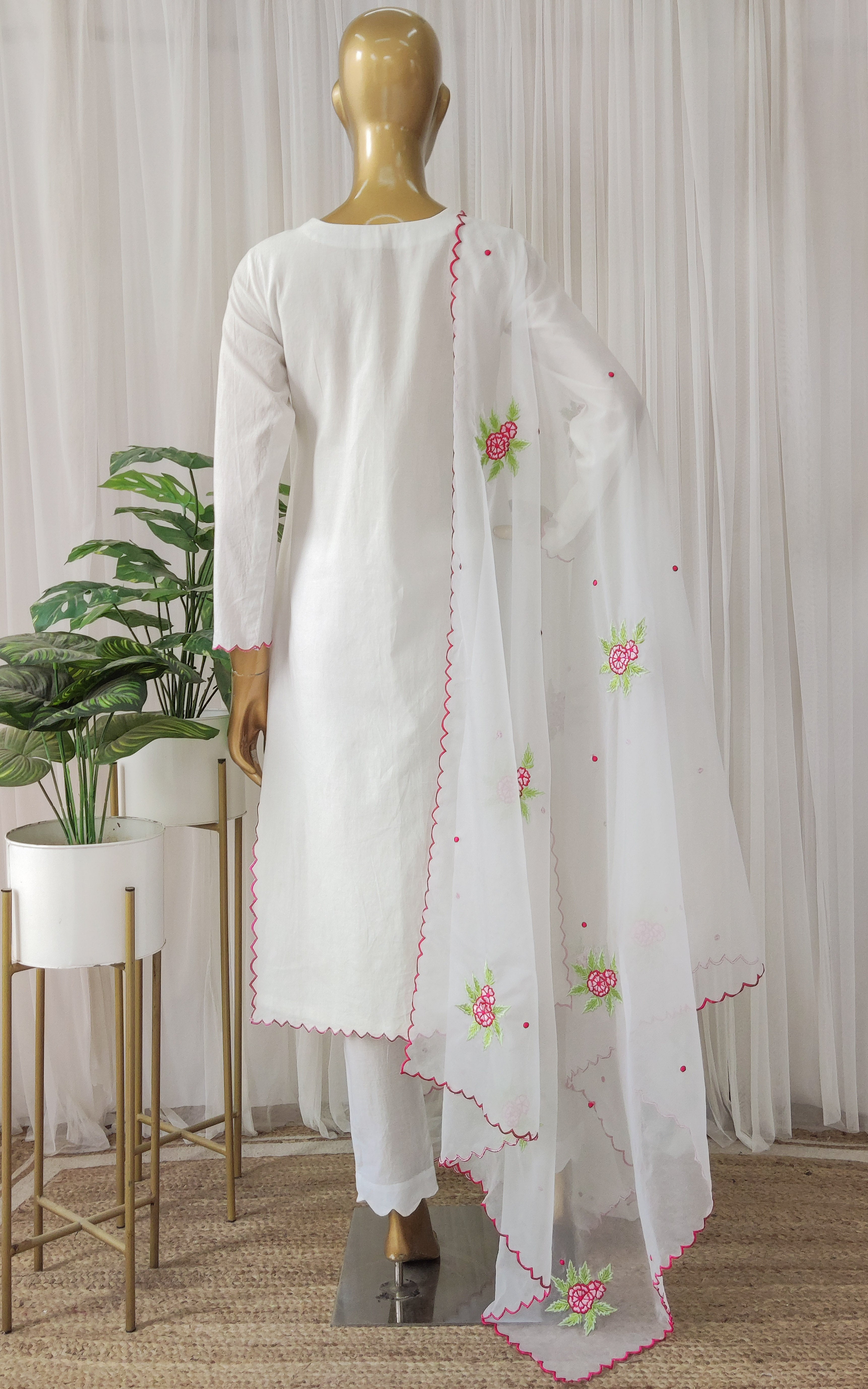 White Cotton Kurta Set with Embroidered Organza Dupatta