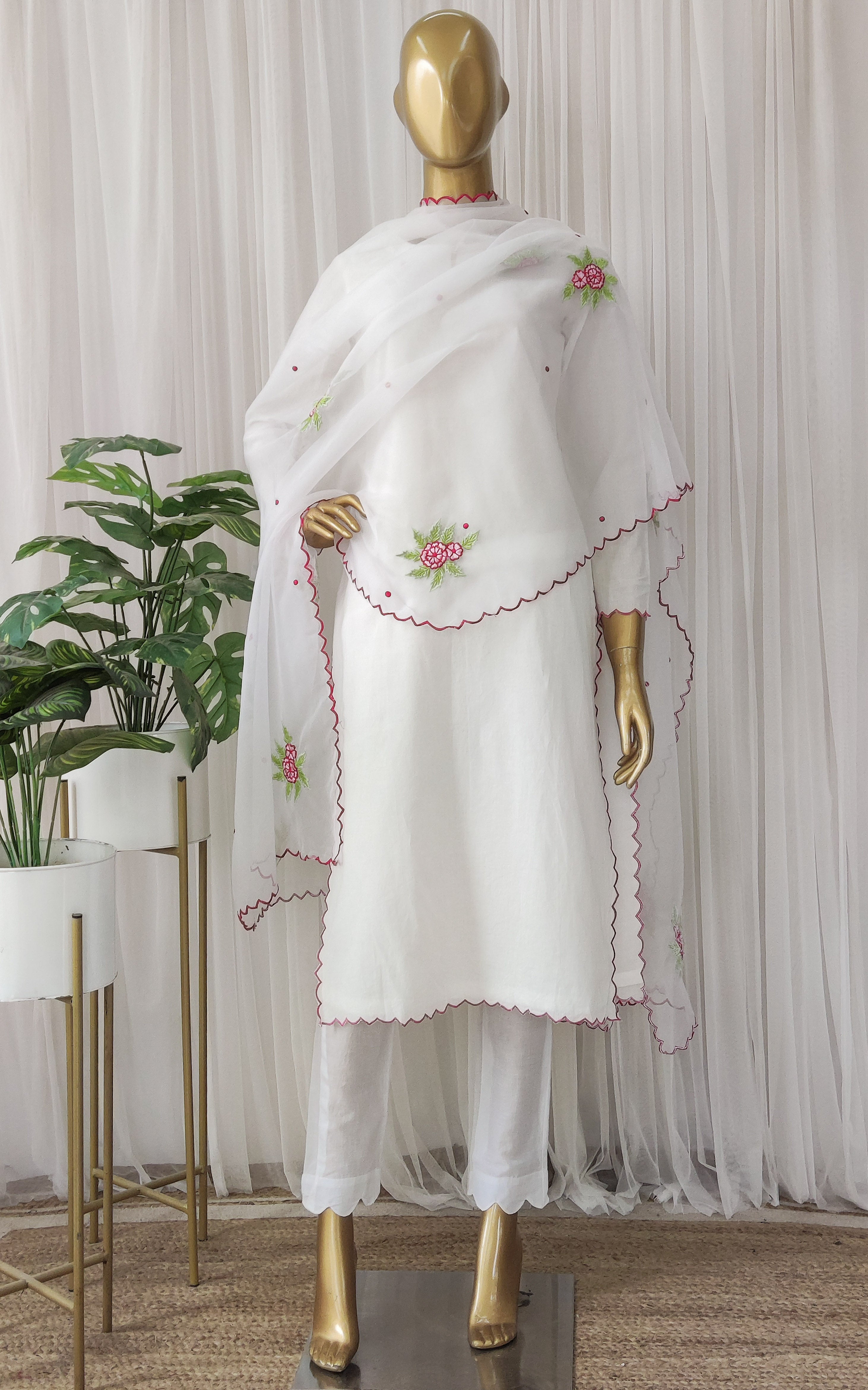 White Cotton Kurta Set with Embroidered Organza Dupatta