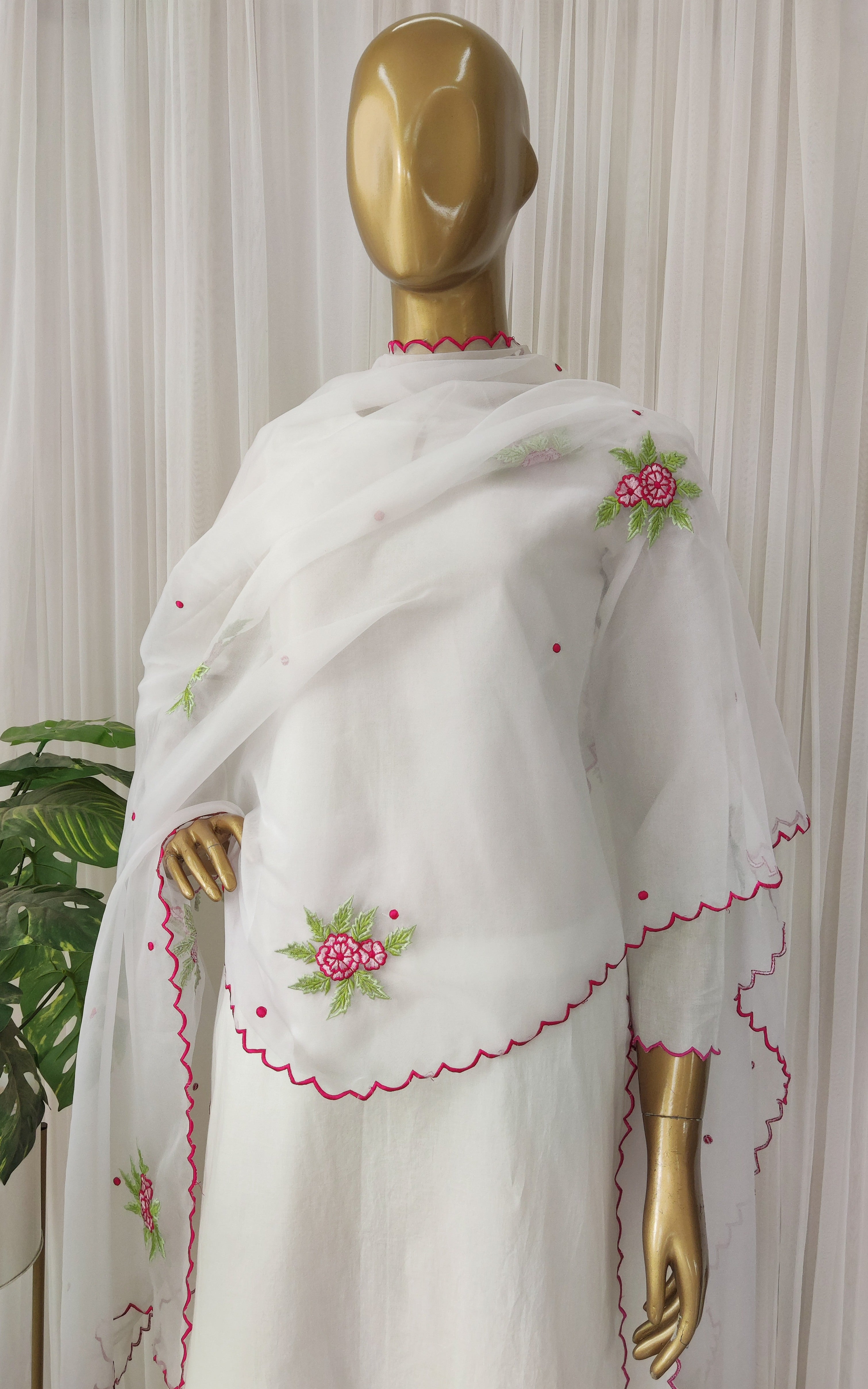 White Cotton Kurta Set with Embroidered Organza Dupatta