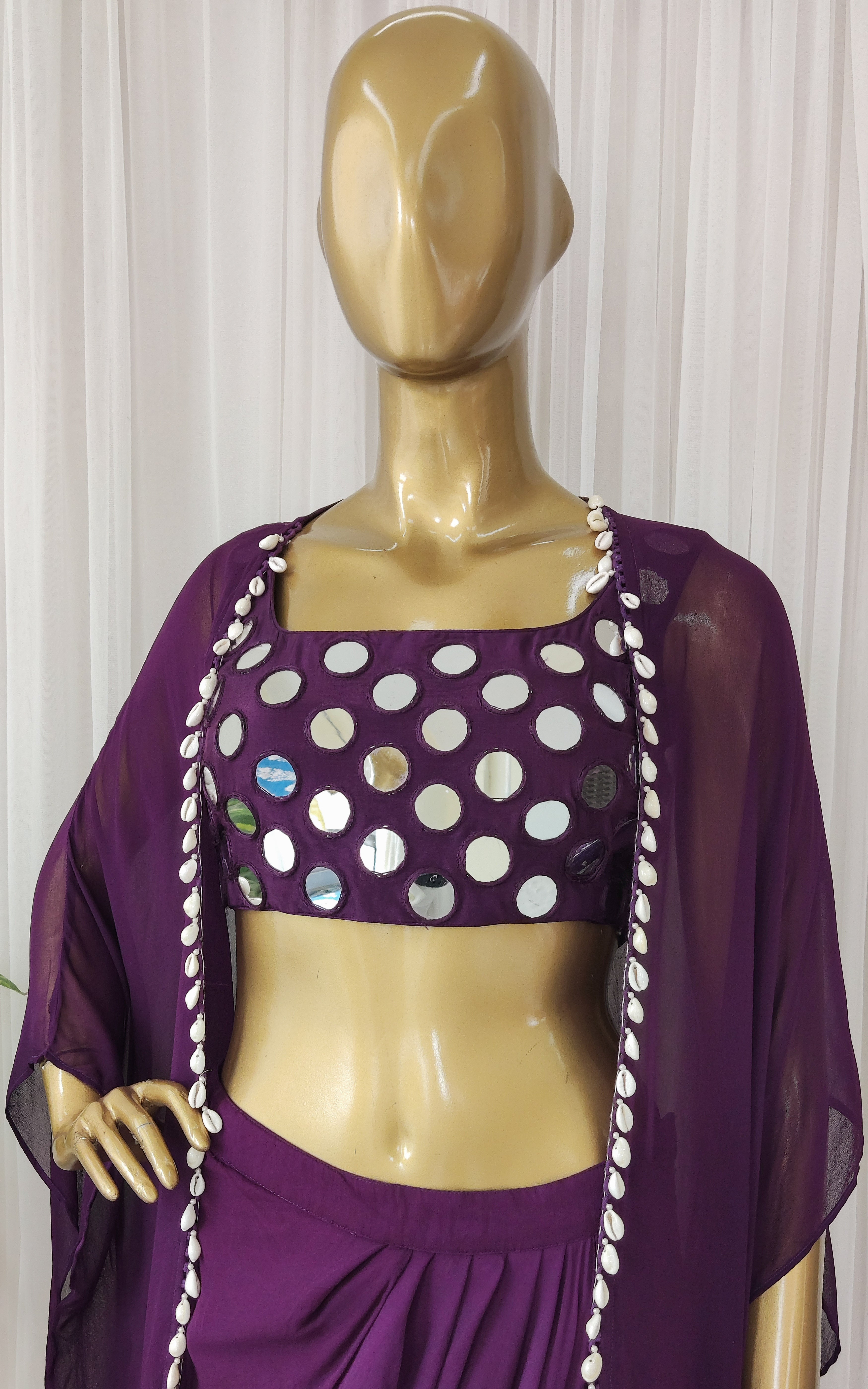 Drashti Purple Mirrorwork Crop Top Dhoti & Jacket Co-ord Set