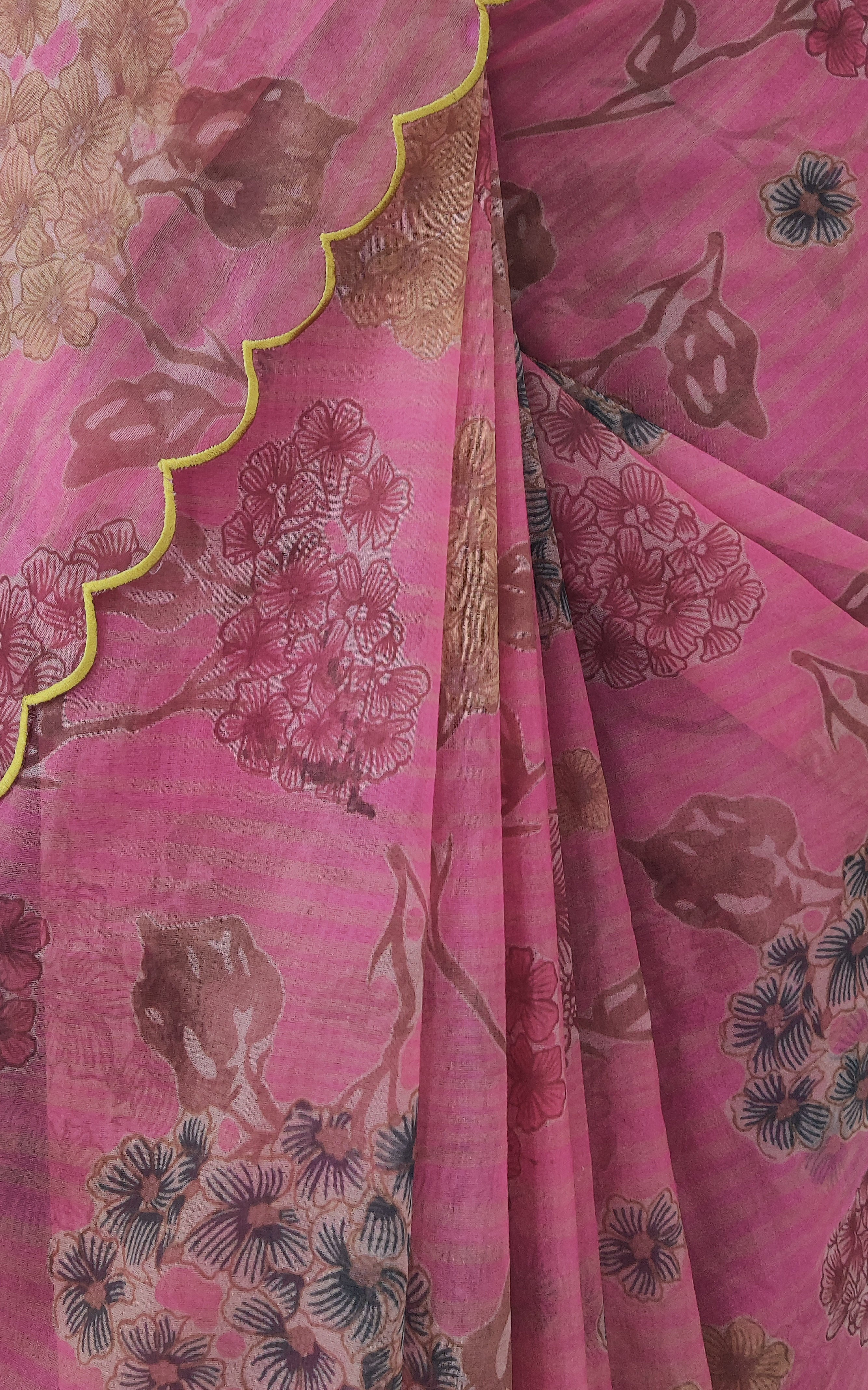 Hot Pink Floral Organza  Saree With Lime  Green Banarsi  Blouse