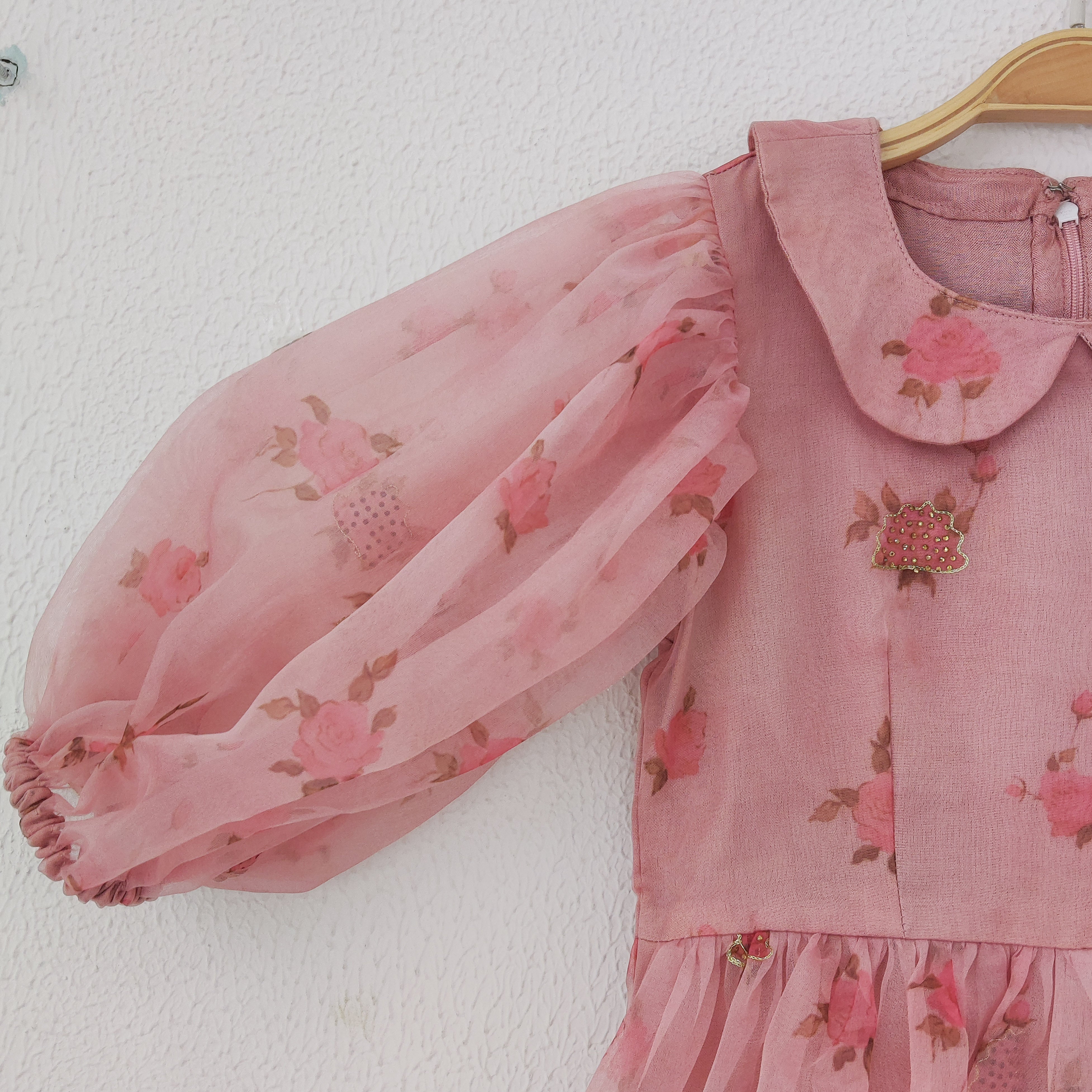 Light Pink Rose Print Kids Organza Dress