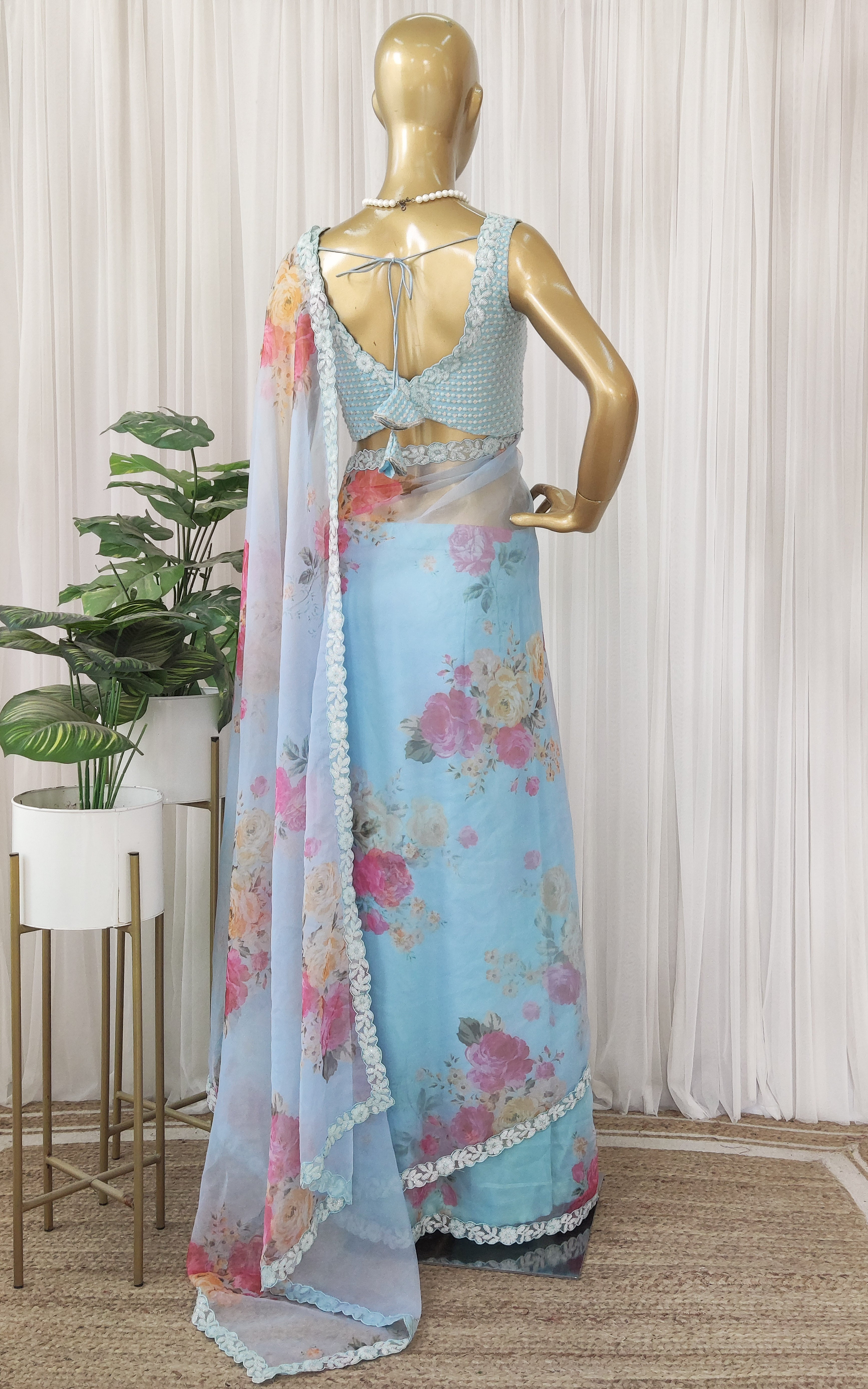 Monalisha Sky Blue Floral Sequinwork Organza Saree