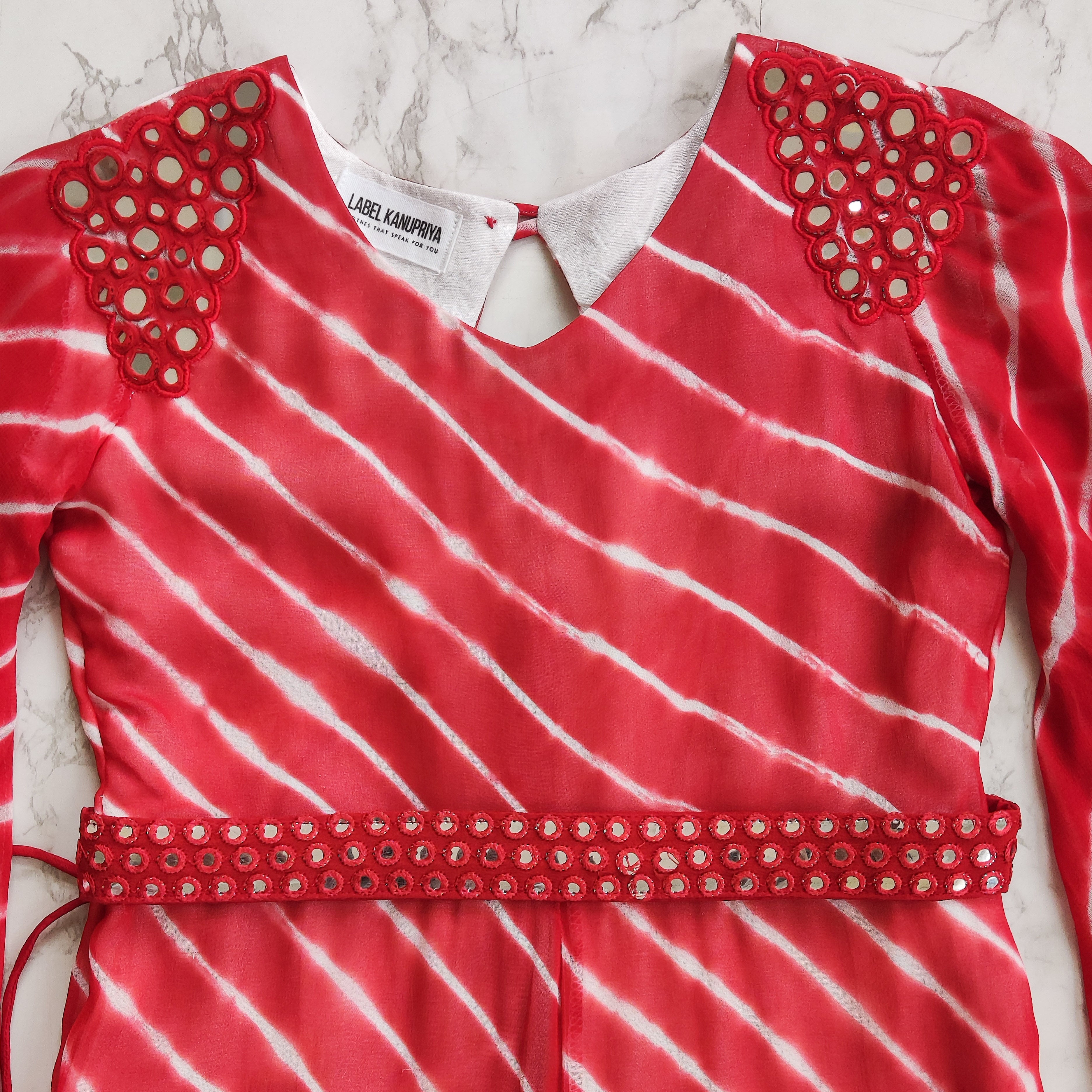 Red & White Leheriya Mirrorwork Jumpsuit with Mirrorwork Belt (KIDS)
