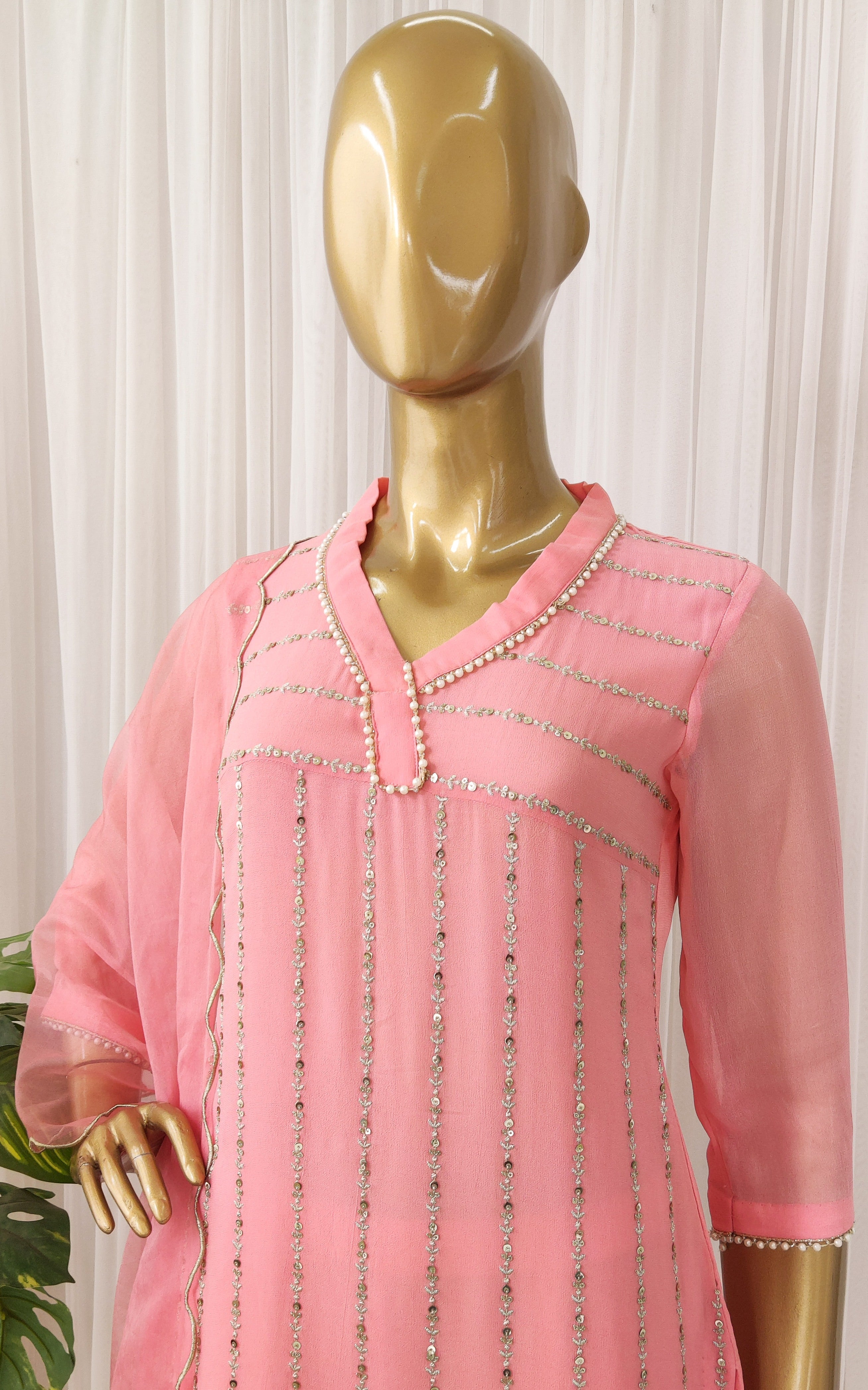 Peach Sequinswork Kurta Set With Cutwork Organza Dupatta