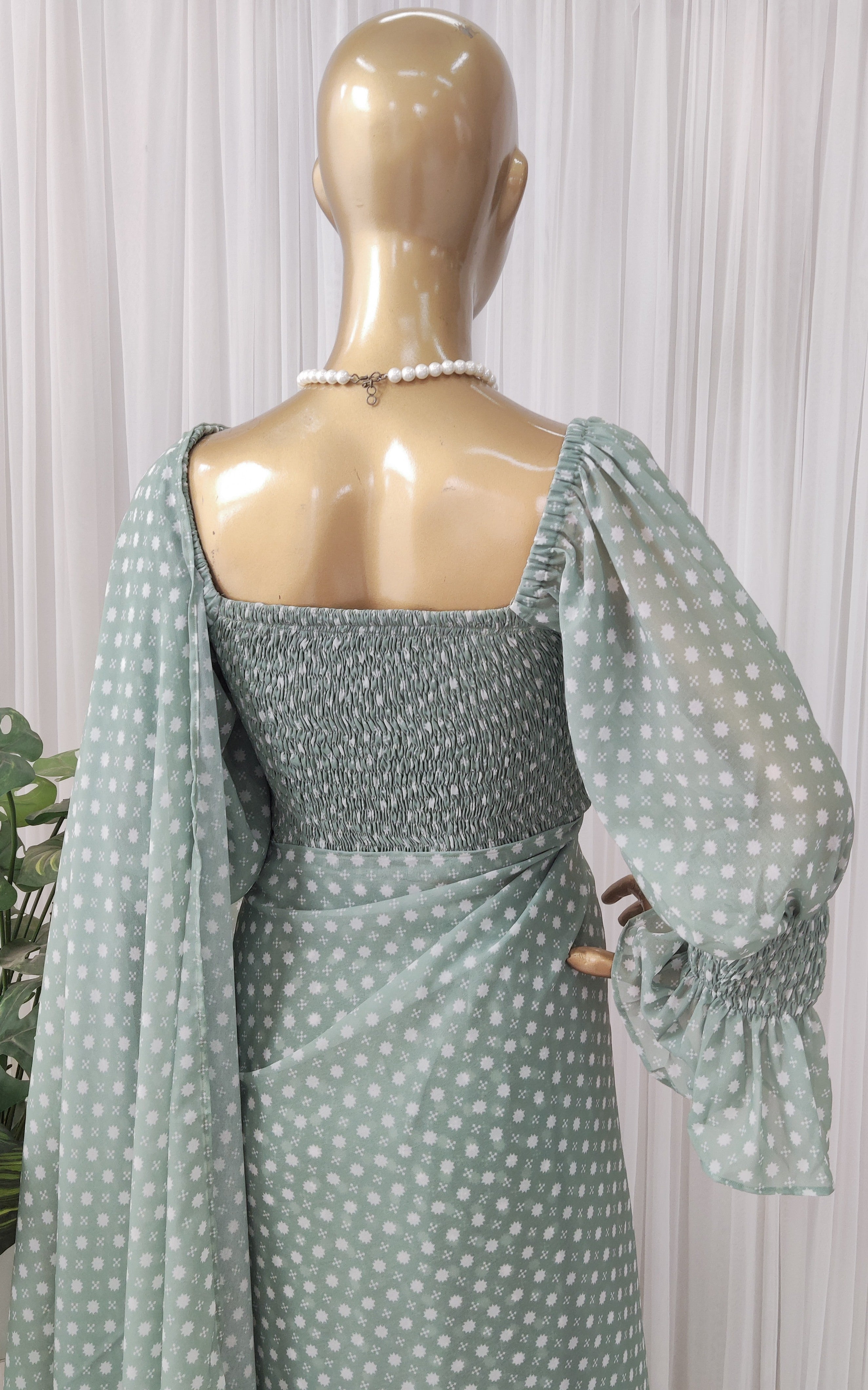 Sage Green Pre-Stitched Saree With Smocked Crop-Top