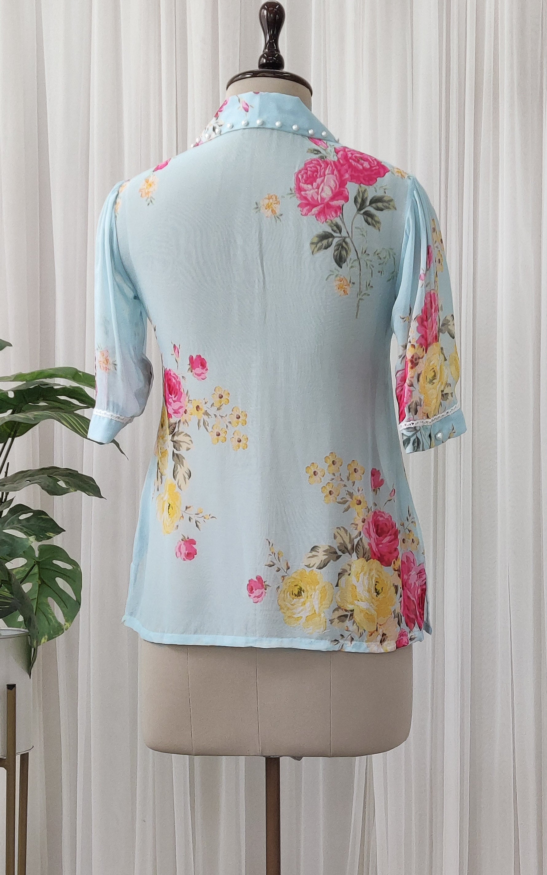Sky Blue Pink Floral Georgette Shirt
