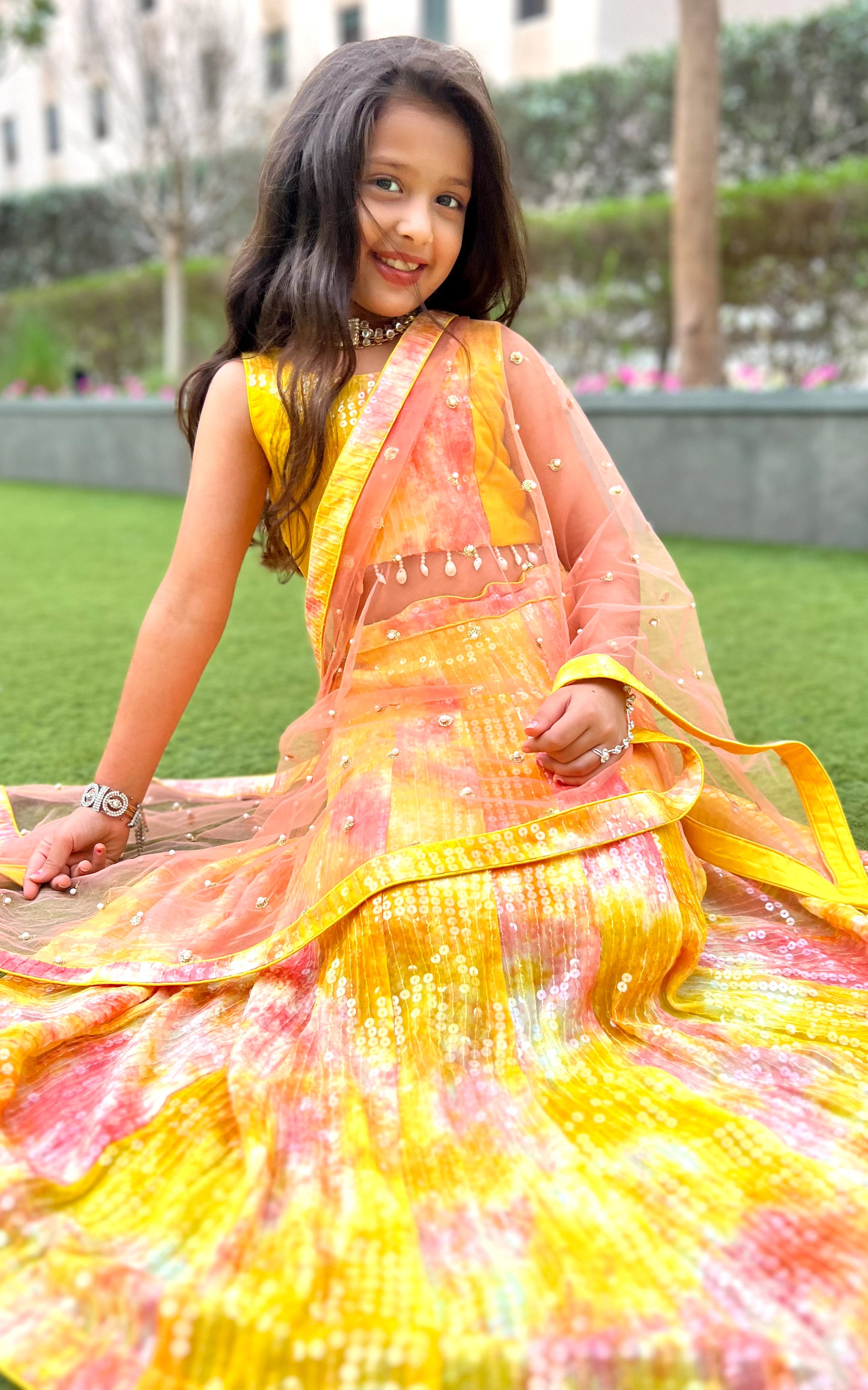 Kashvi Yellow Pink Shibori Sequin-work Kids Lehenga