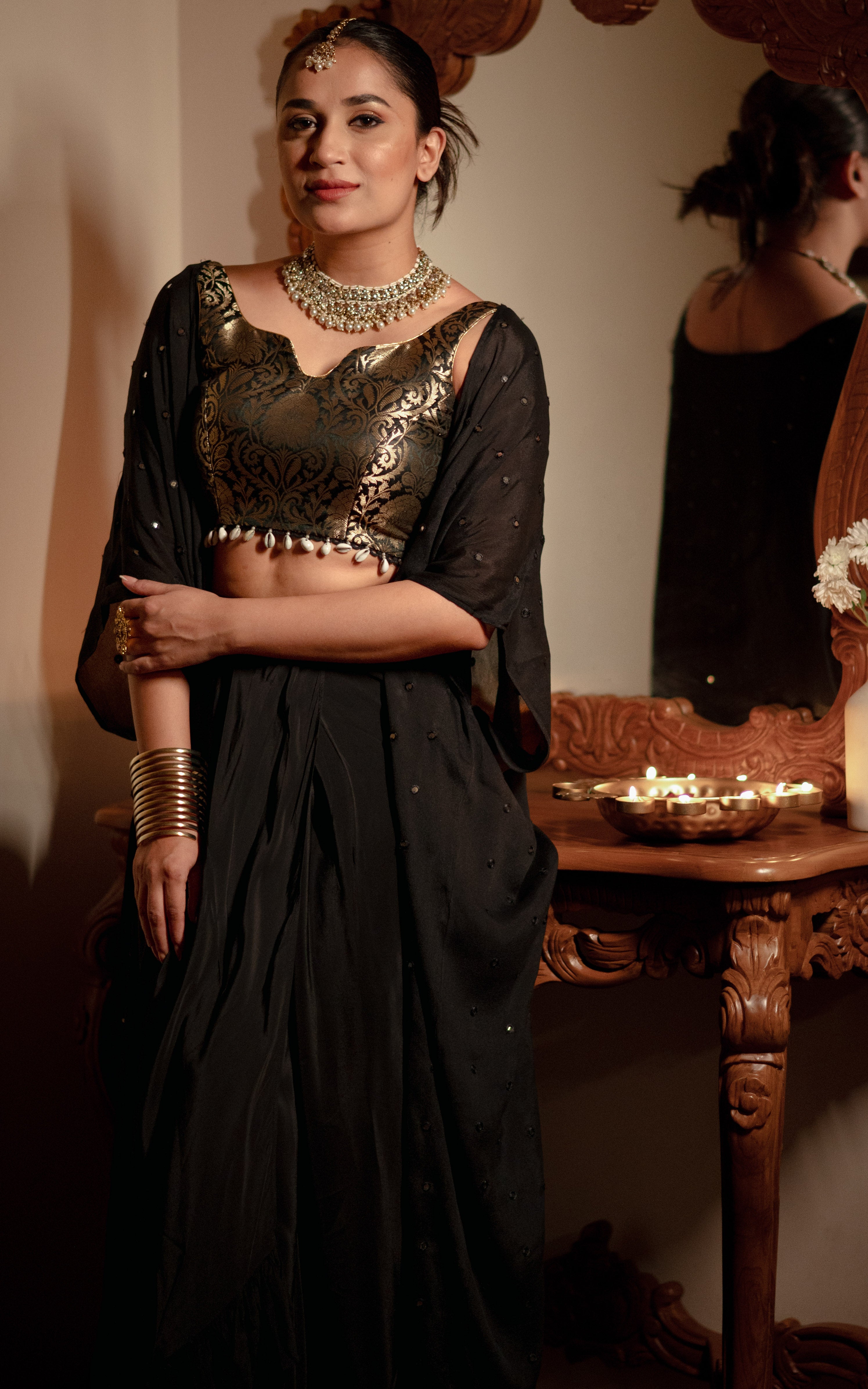 Nishita Black Brocade Crop Top Draped Skirt Set - Main Image