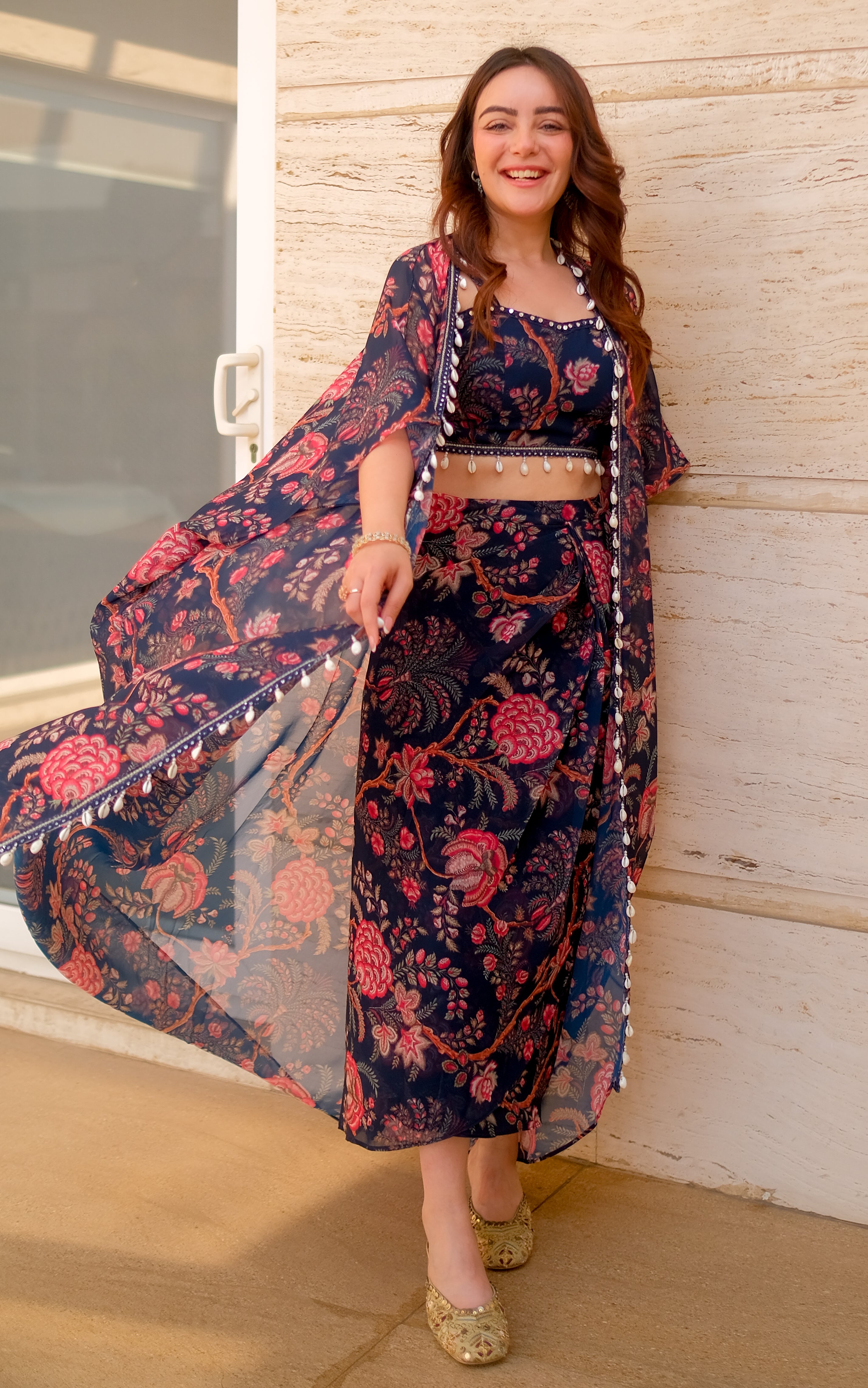 Simran Sethi Navy Blue Printed Georgette Crop Top & Draped Skirt Co-ord Set