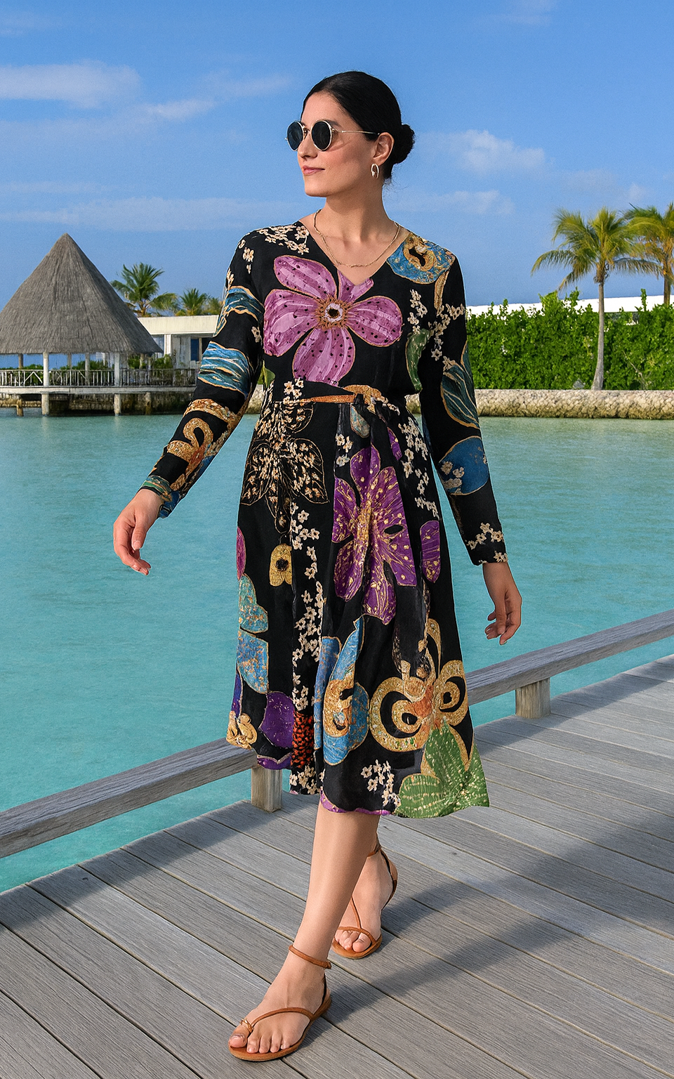 Black Floral Printed Flared Georgette Dress