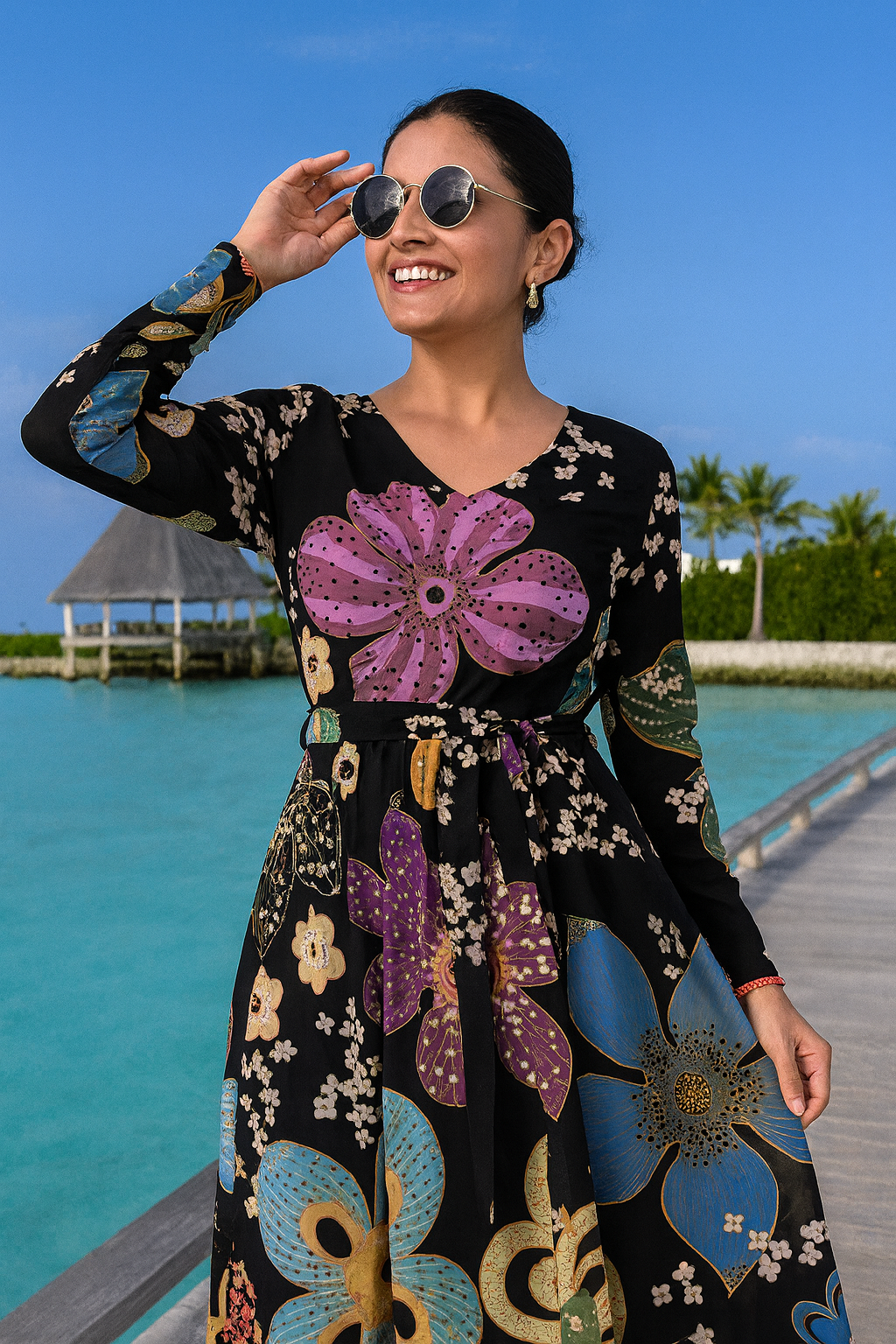 Black Floral Printed Flared Georgette Dress