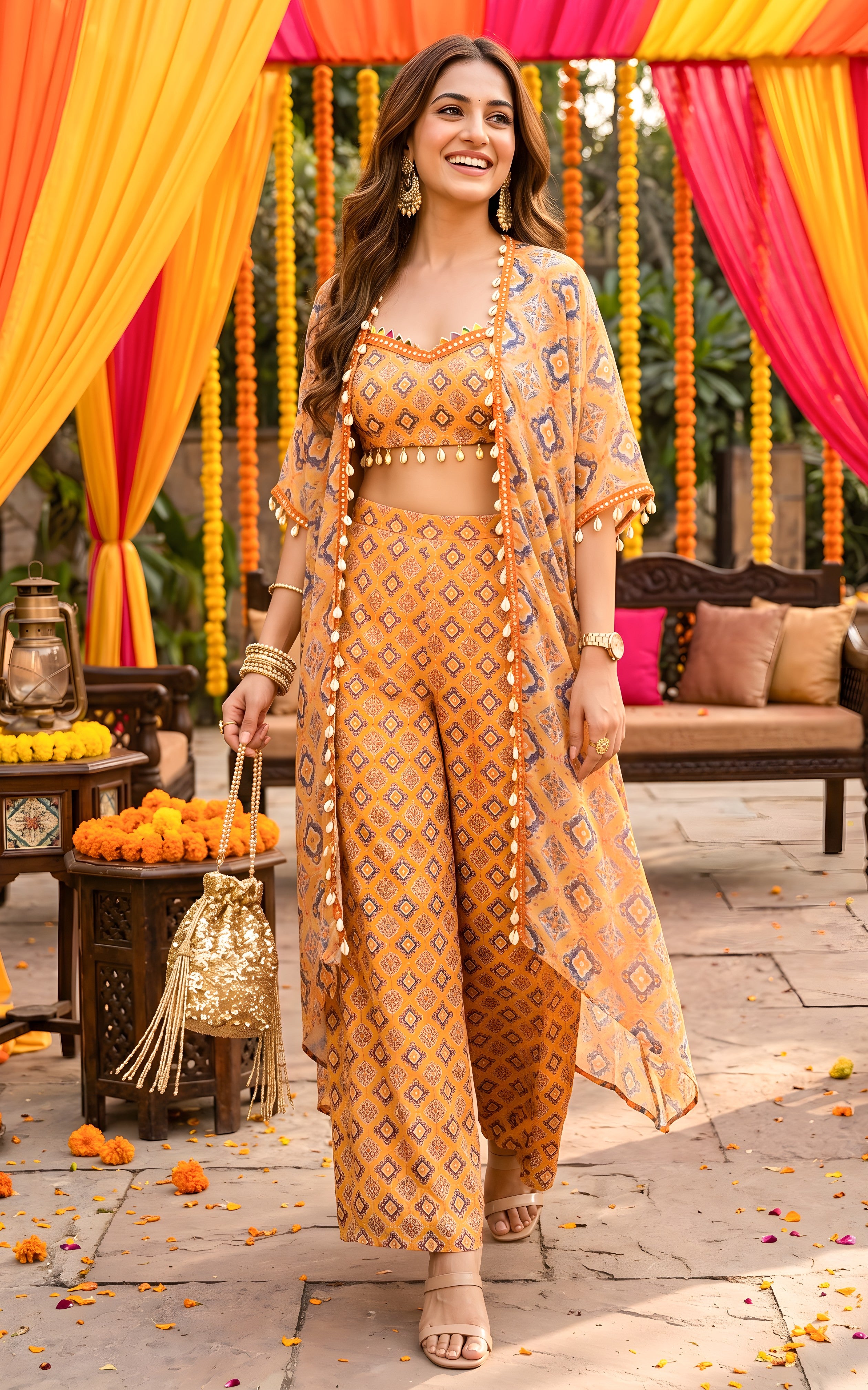 Mustard Geometric Crop Top Palazzo Co-ord Set