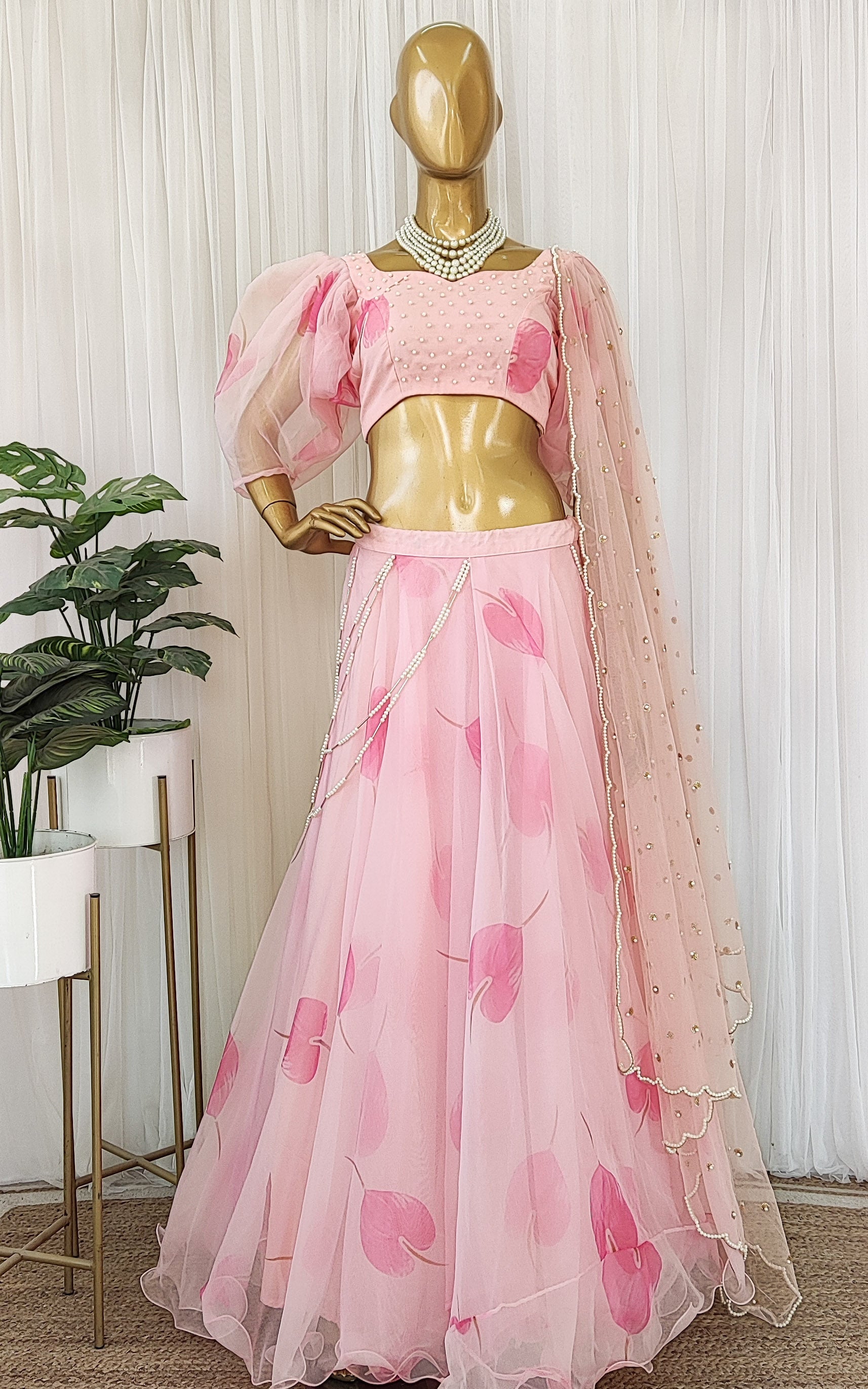 Gurleen Pink Petal Pearl work Organza Lehenga