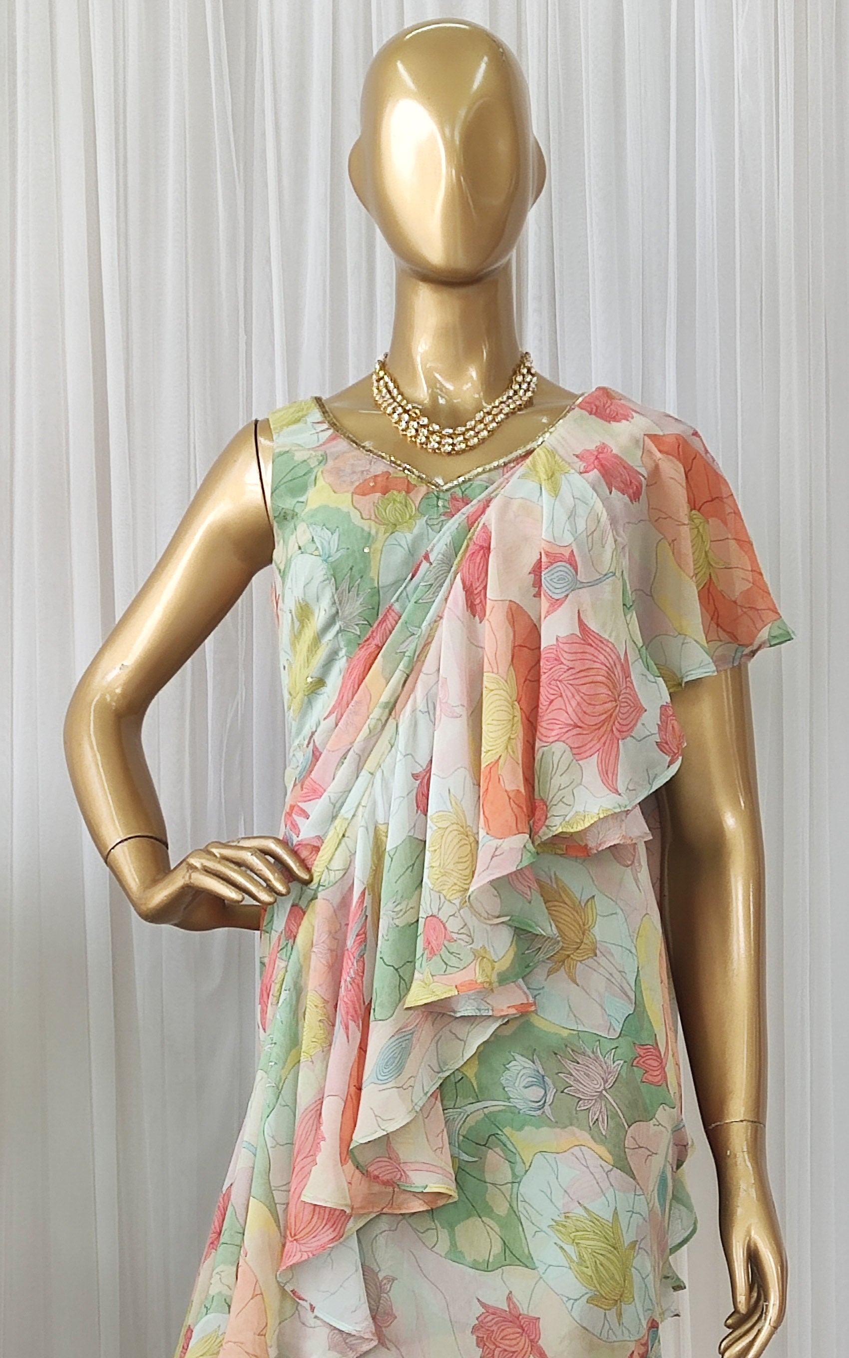 Lotus Print Multicolor Ruffle Saree Dress
