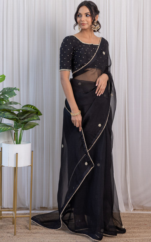Black Organza Pearl Work Saree