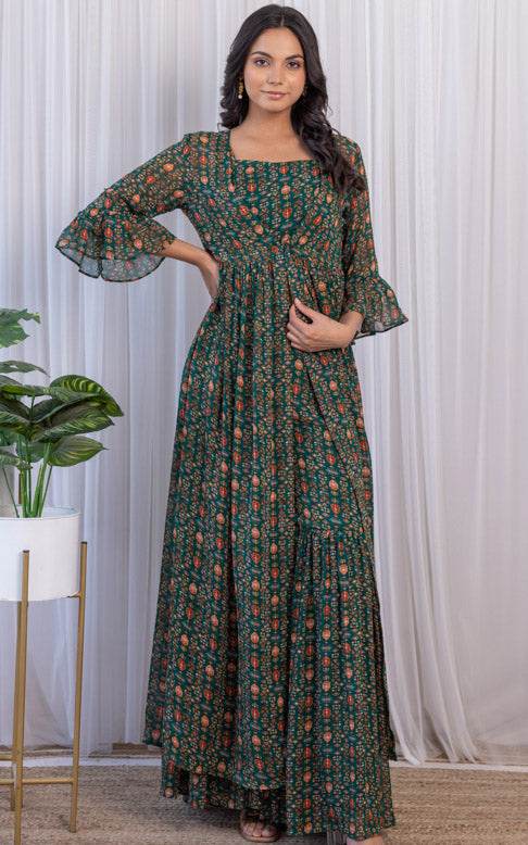 Vishakha Bottle Green Printed Georgette Crop-Top & Sharara Set