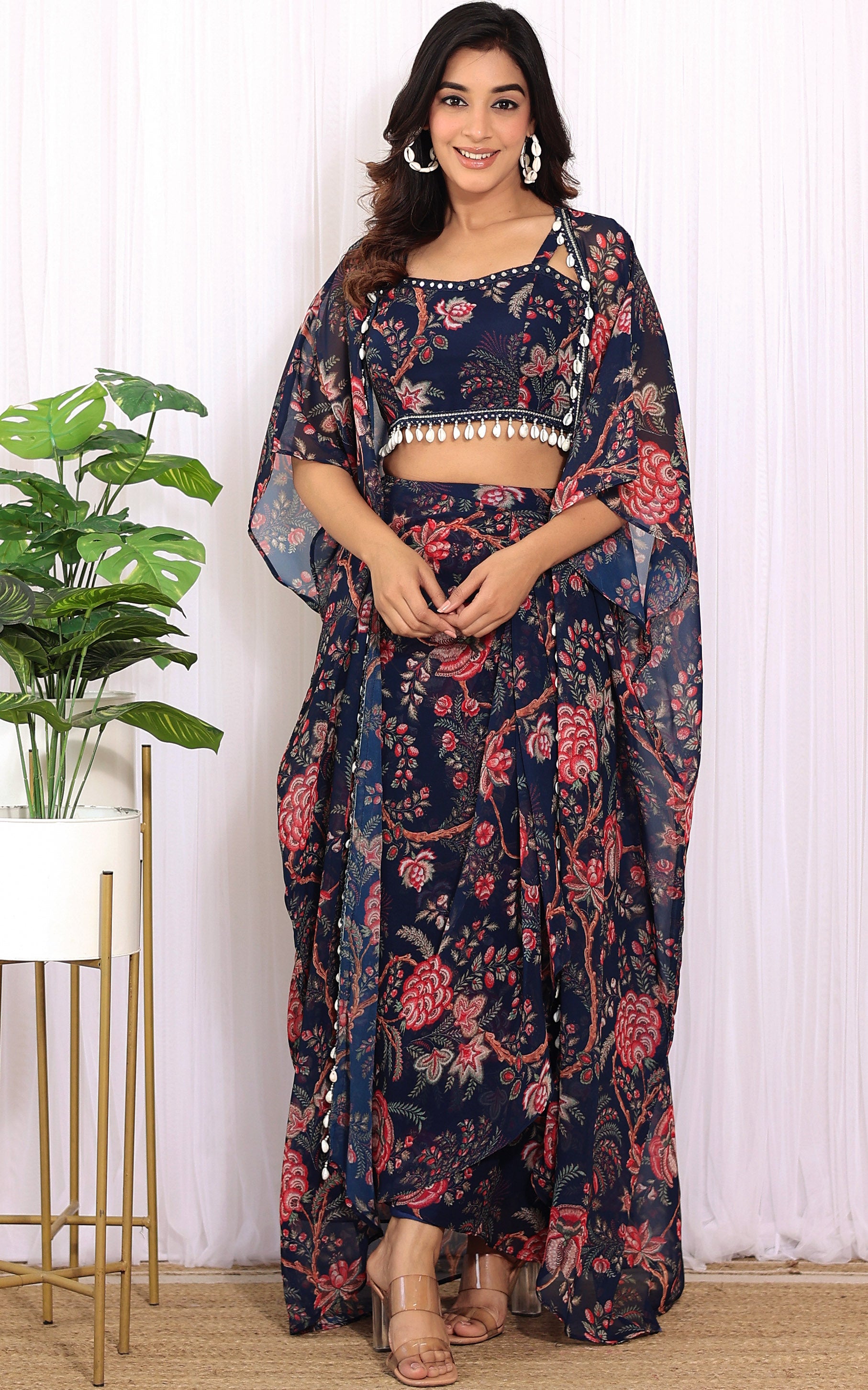 Simran Sethi Navy Blue Printed Georgette Crop Top & Draped Skirt Co-ord Set