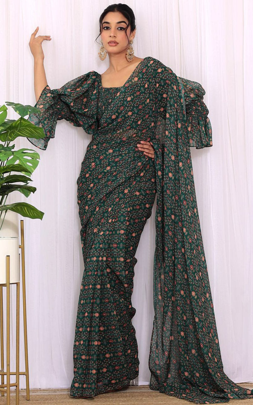 Shreya Arora Bottle Green Pre-Stitched Printed Georgette Saree With Smocked Crop Top