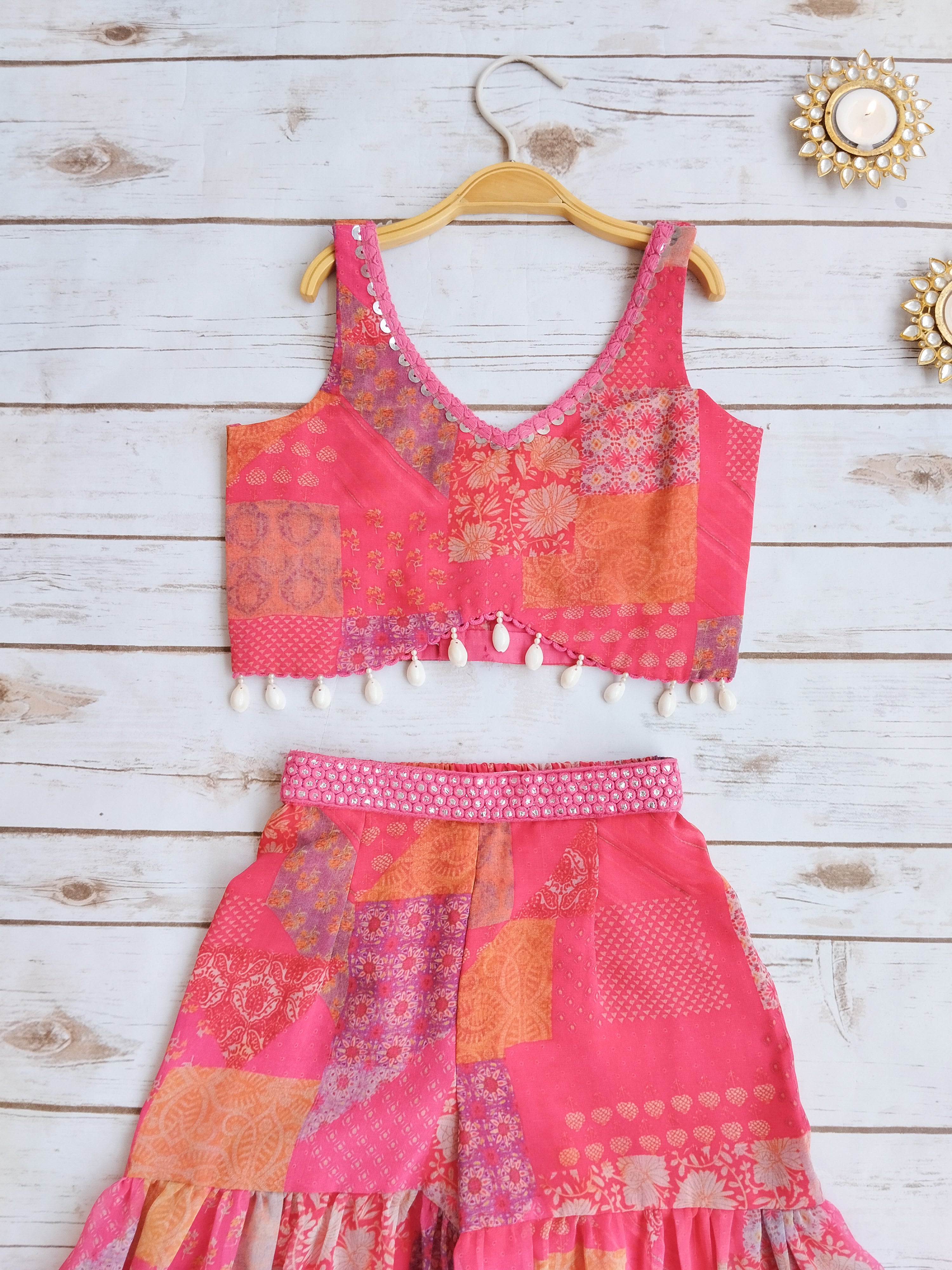 Hot Pink Mirrorwork Crop Top Sharara Set For Kid's