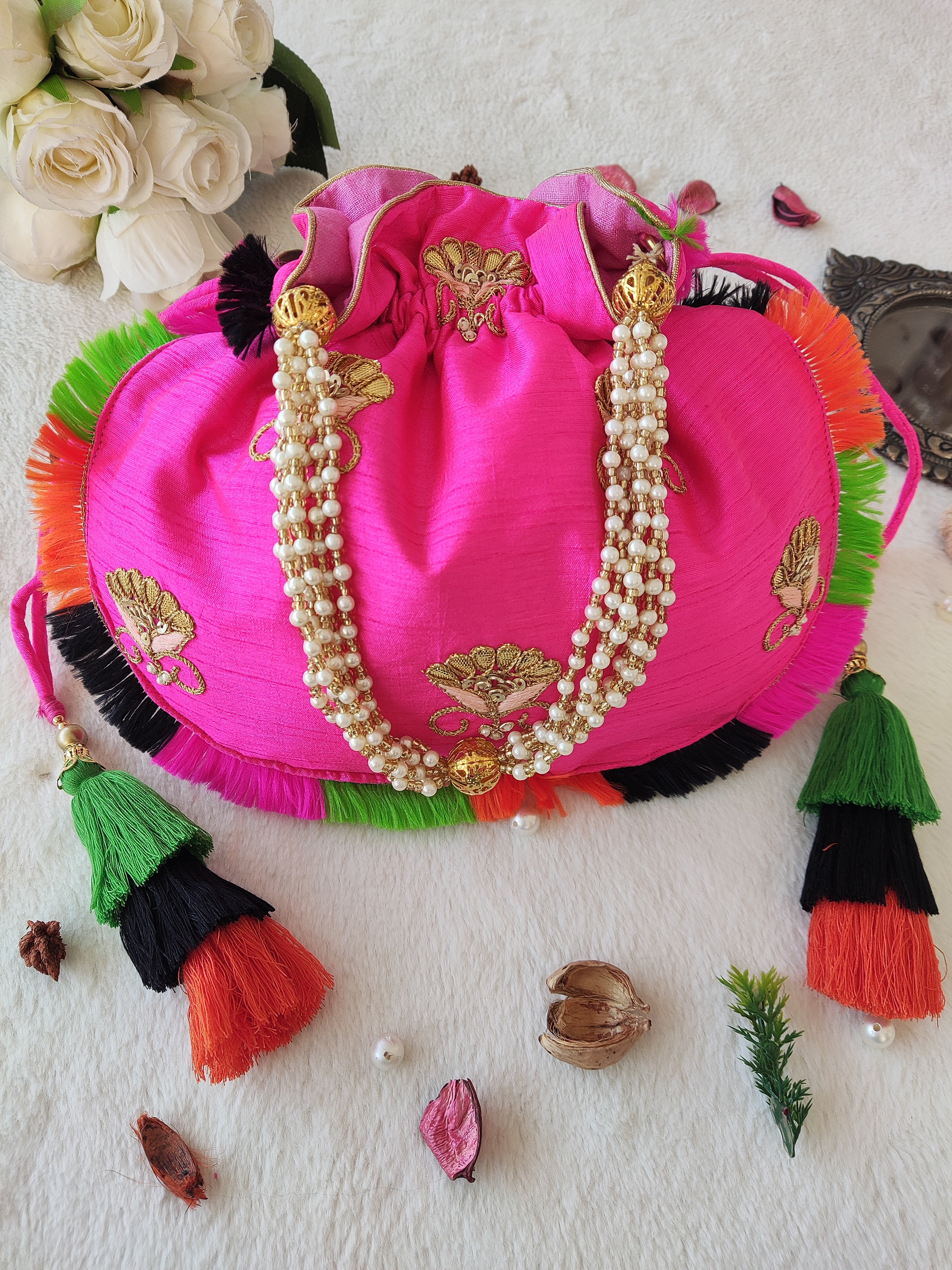 Hot Pink Gota Patti Round Potli Bag