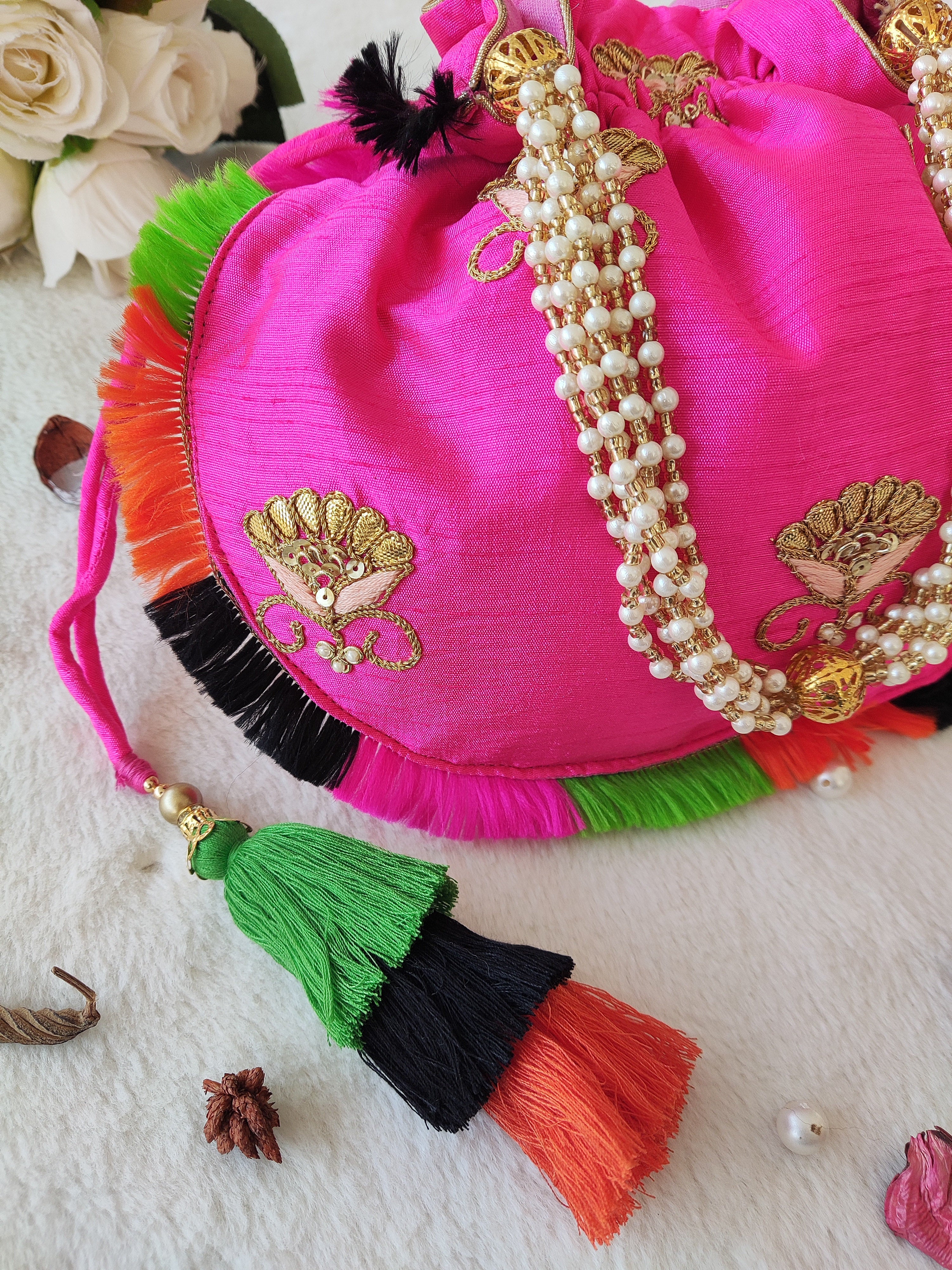 Hot Pink Gota Patti Round Potli Bag