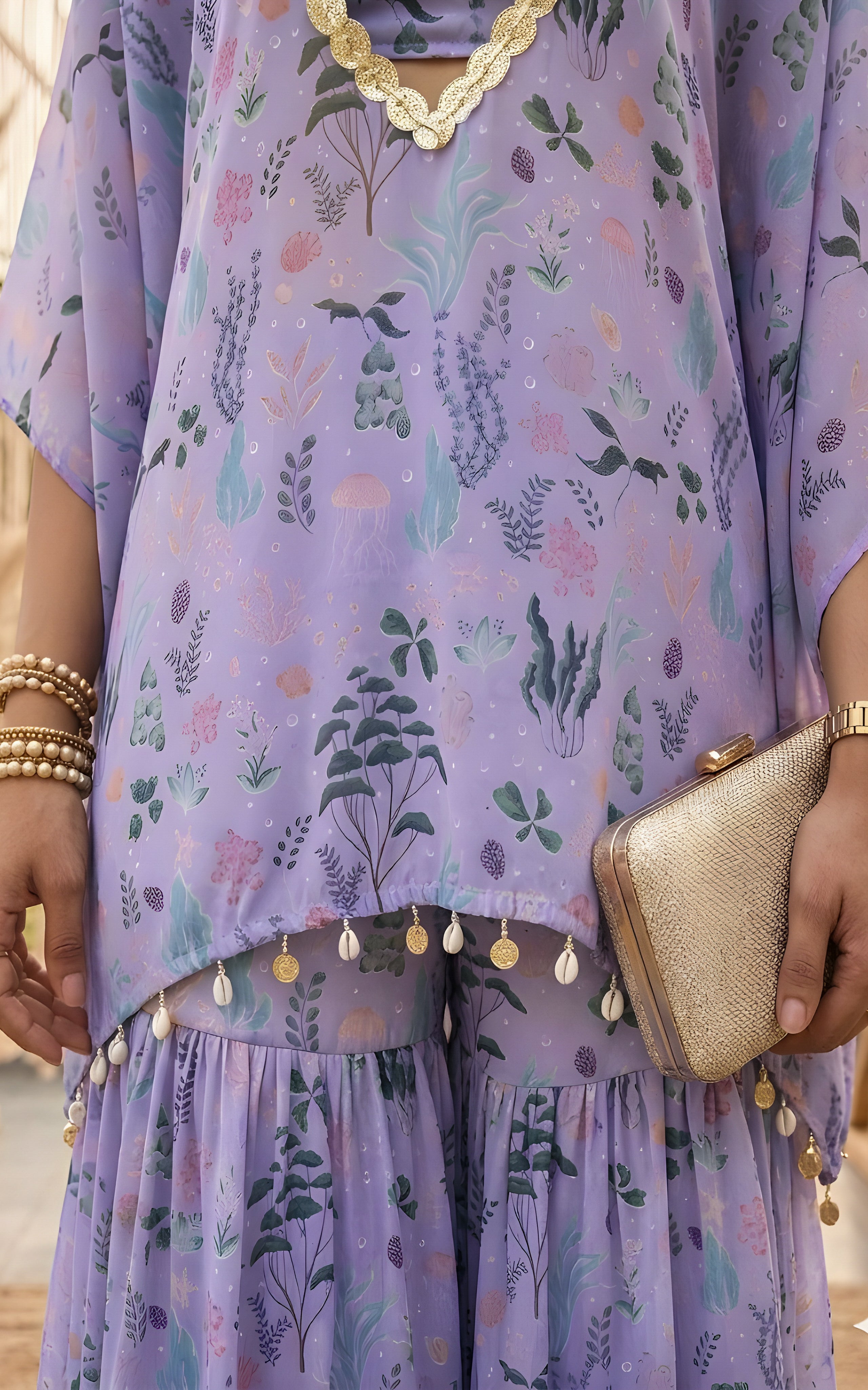 Lilac Aquatic Print Croptop and Sharara Set