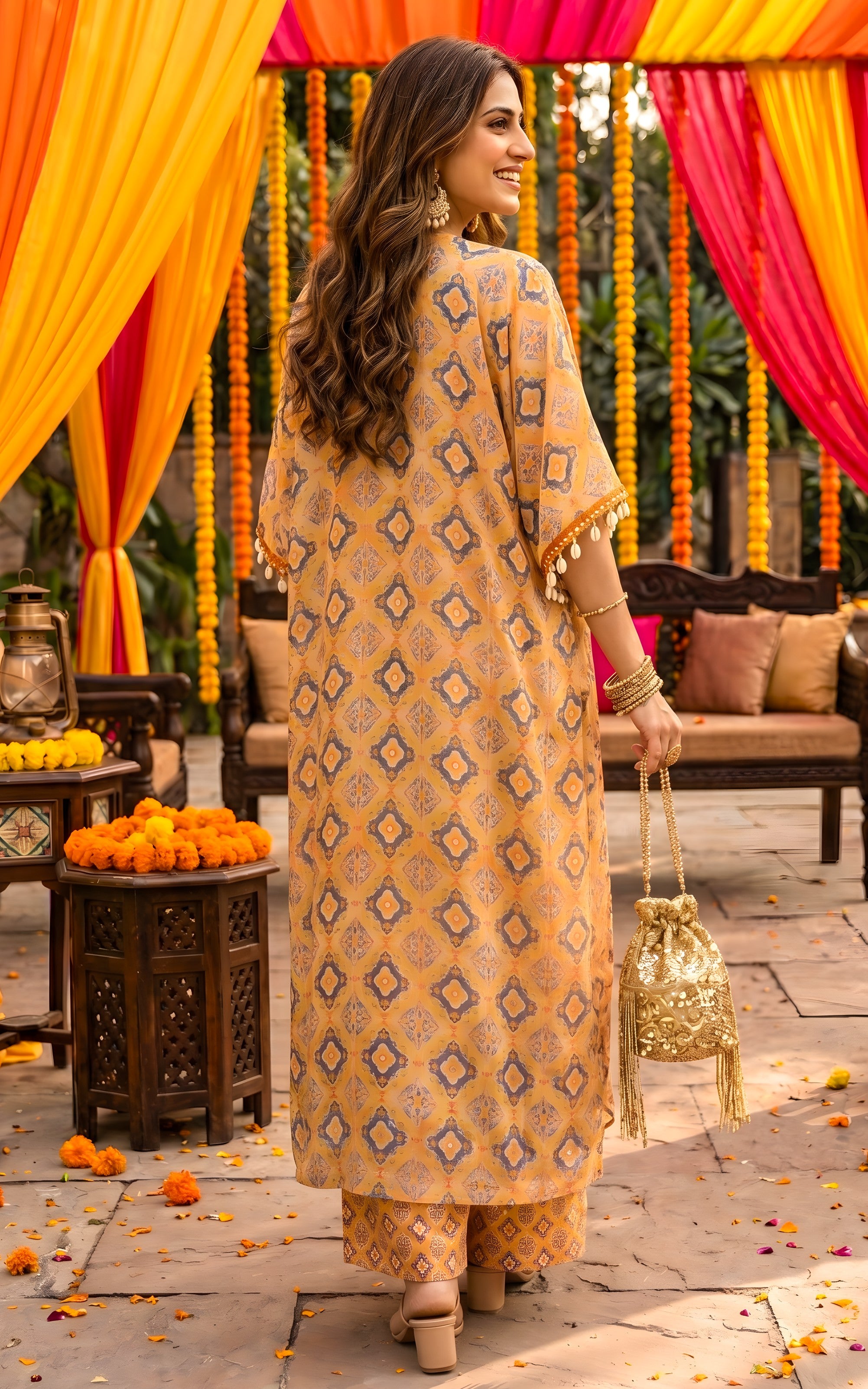 Mustard Geometric Crop Top Palazzo Co-ord Set