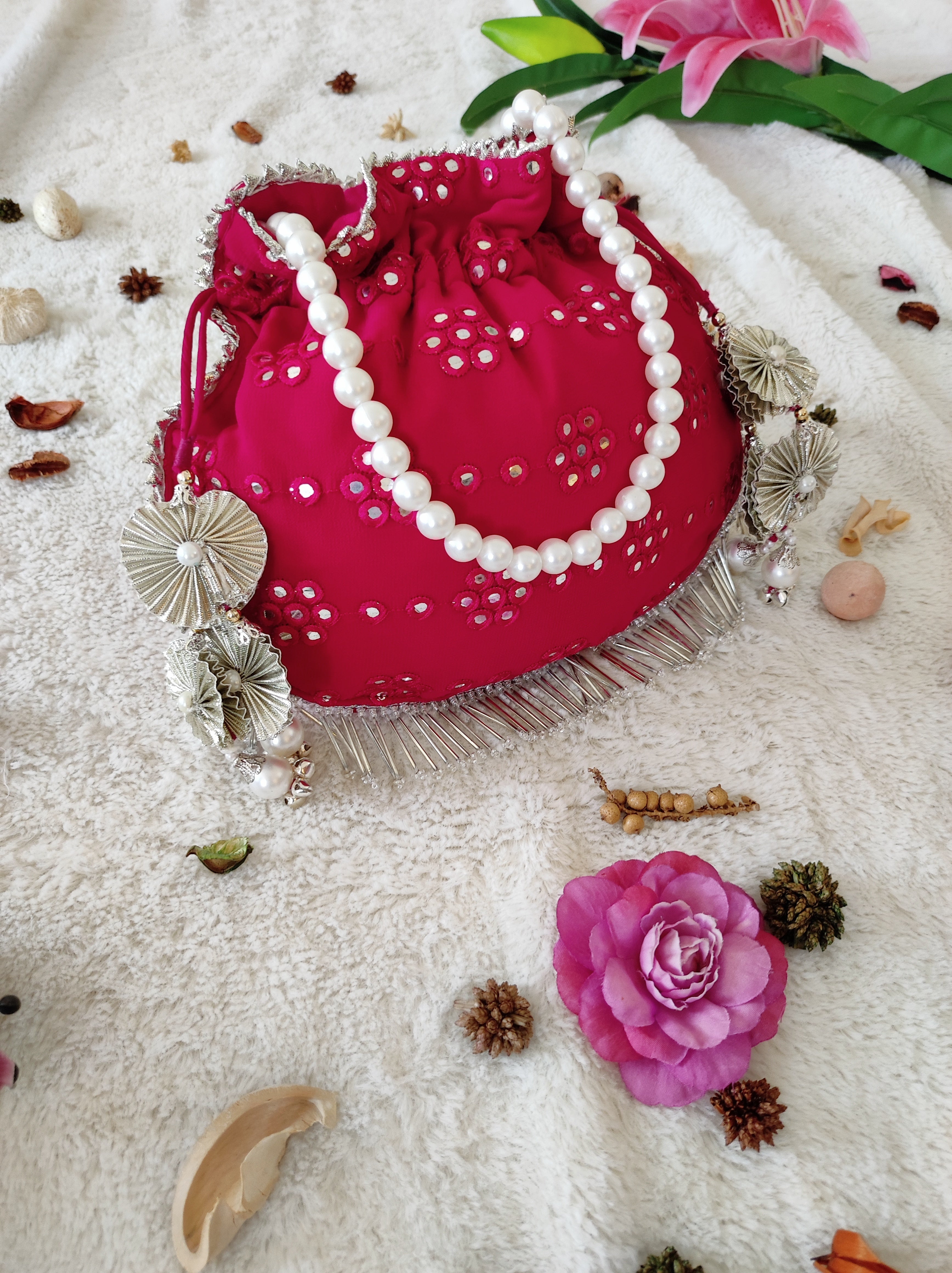 Pink Mirrorwork Potli Bag