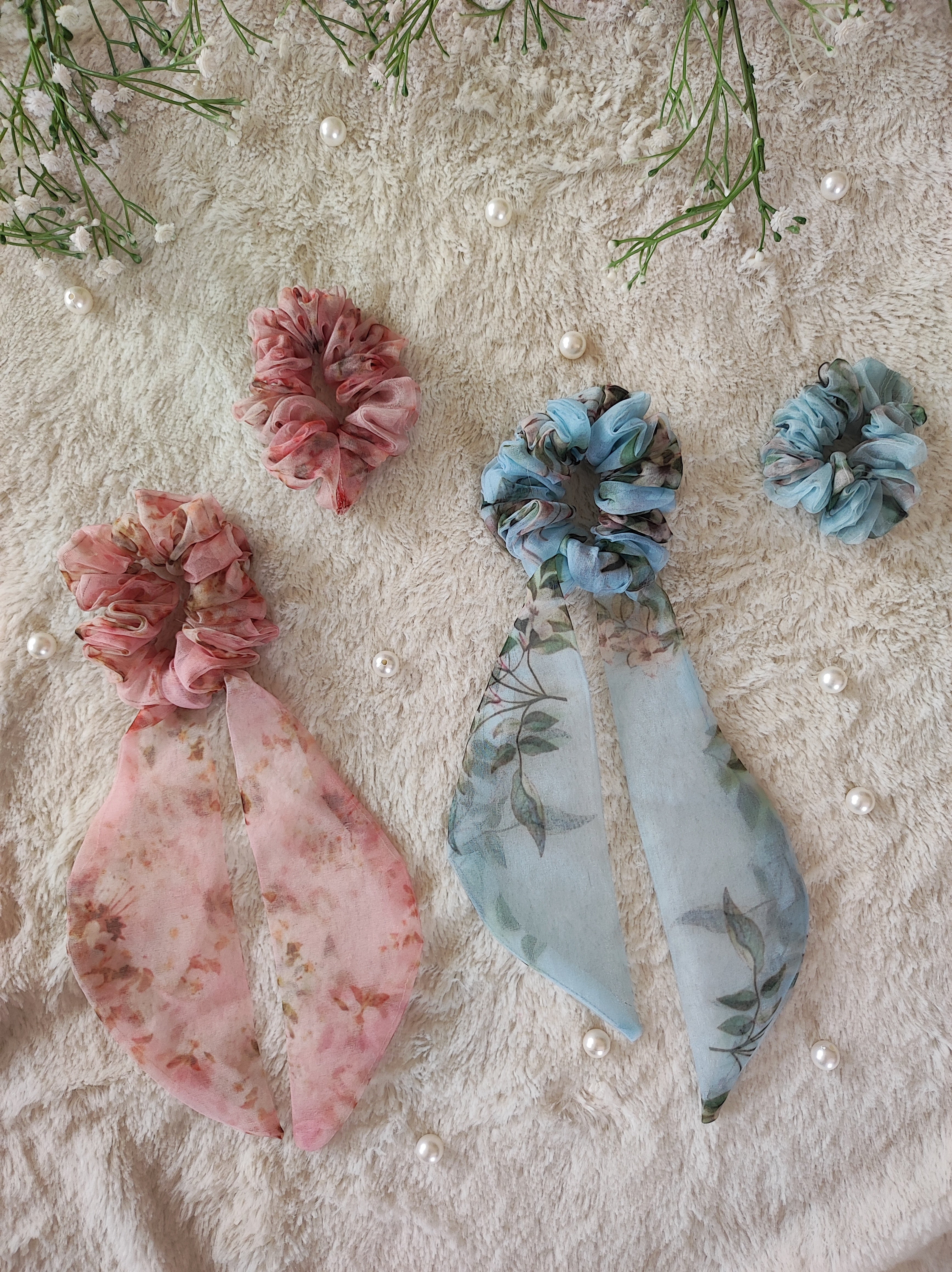Organza Scrunchie and Scarf Scrunchie Combo (Pastel Pink ,Powder Blue)