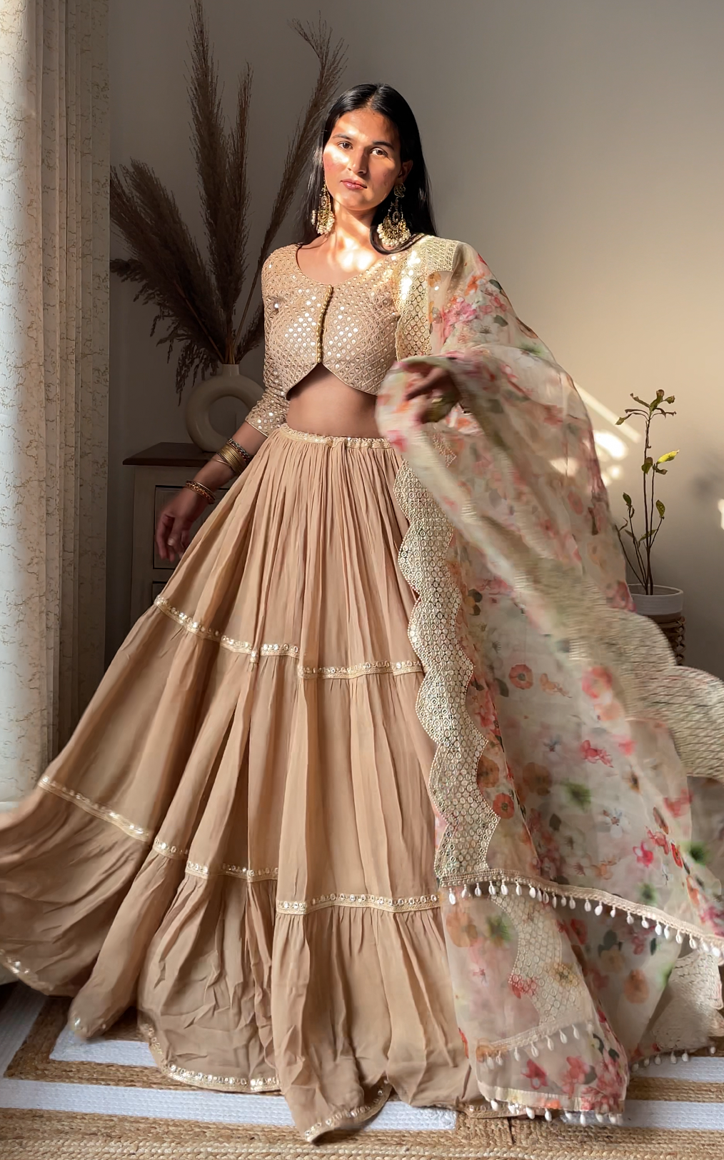 Swati Rathi Champagne Lehenga With Mirrorwork Organza Dupatta