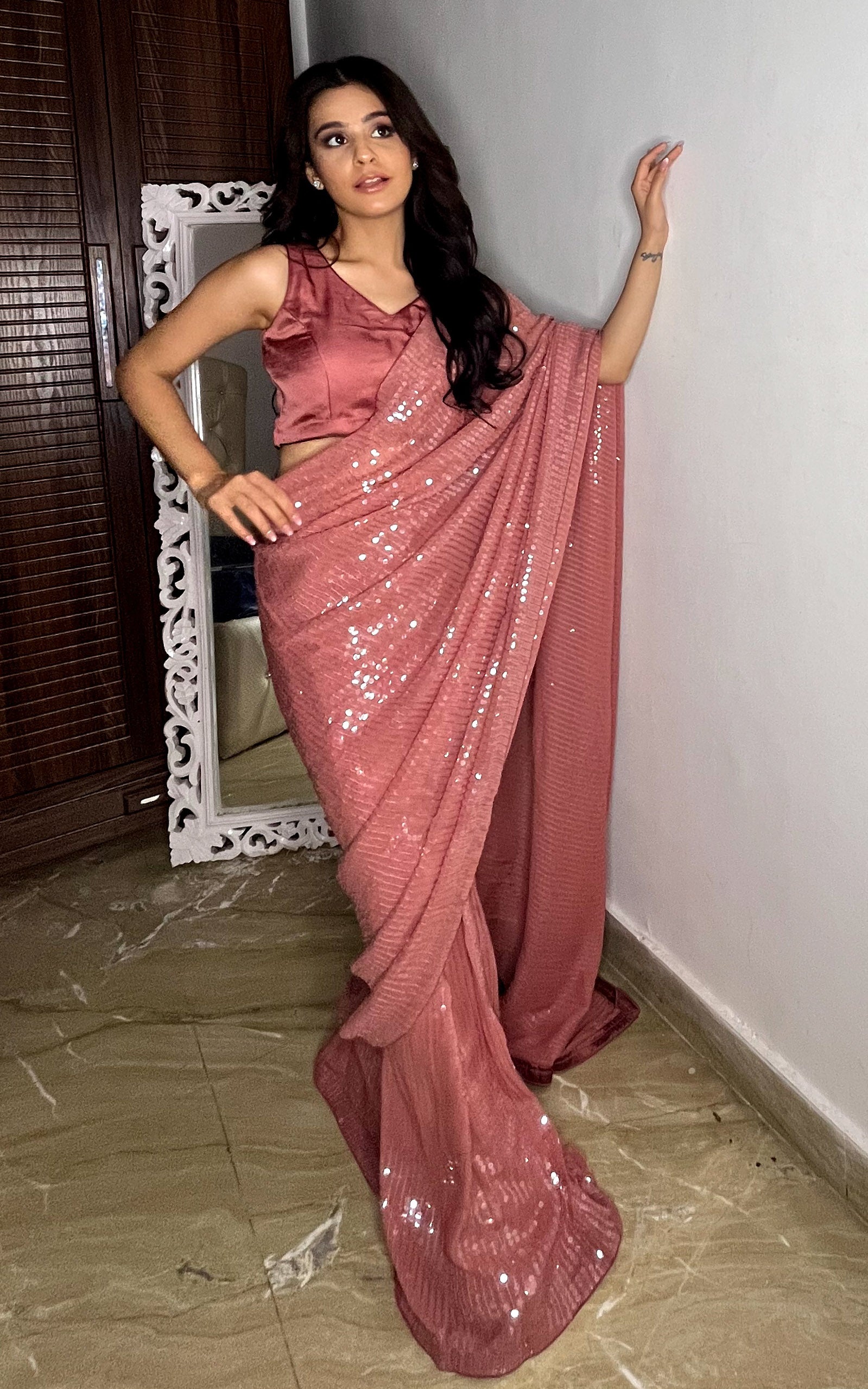 Vanshika Gaba Champagne Sequinned Pre-stitched Saree