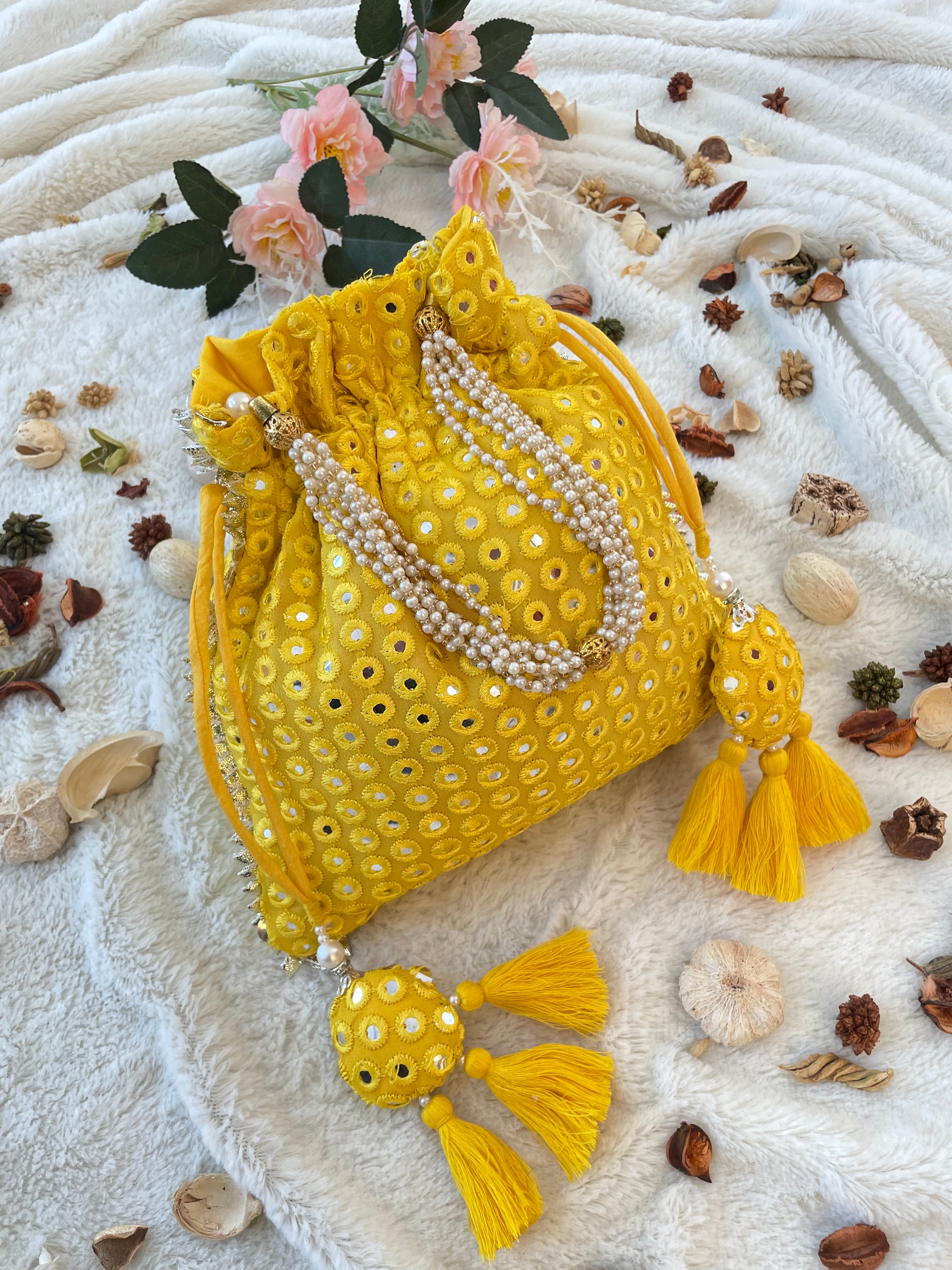 Yellow Mirrorwork Potli Bag