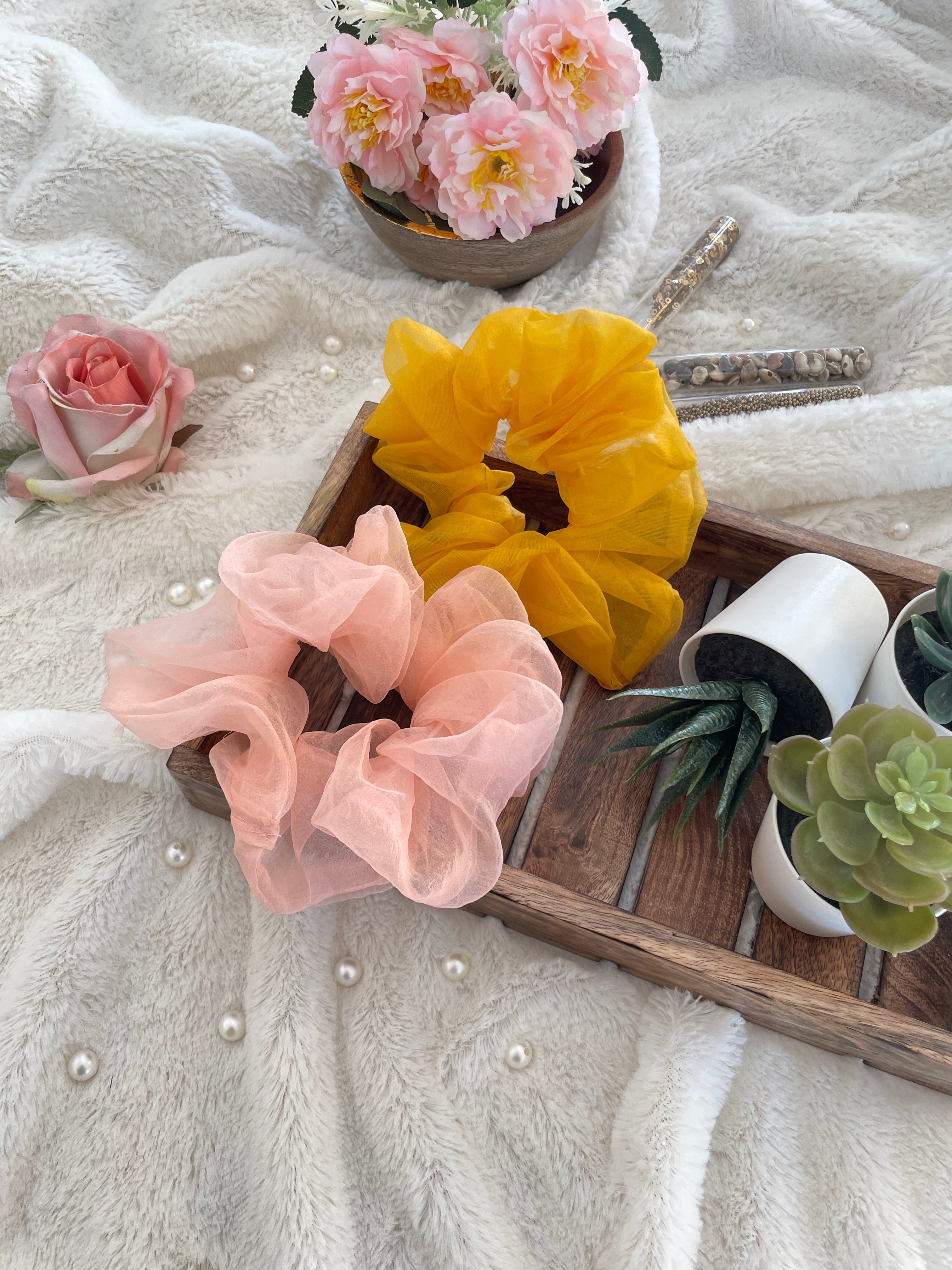 Giant Organza Scrunchies Combo (Powder Pink, Yellow)
