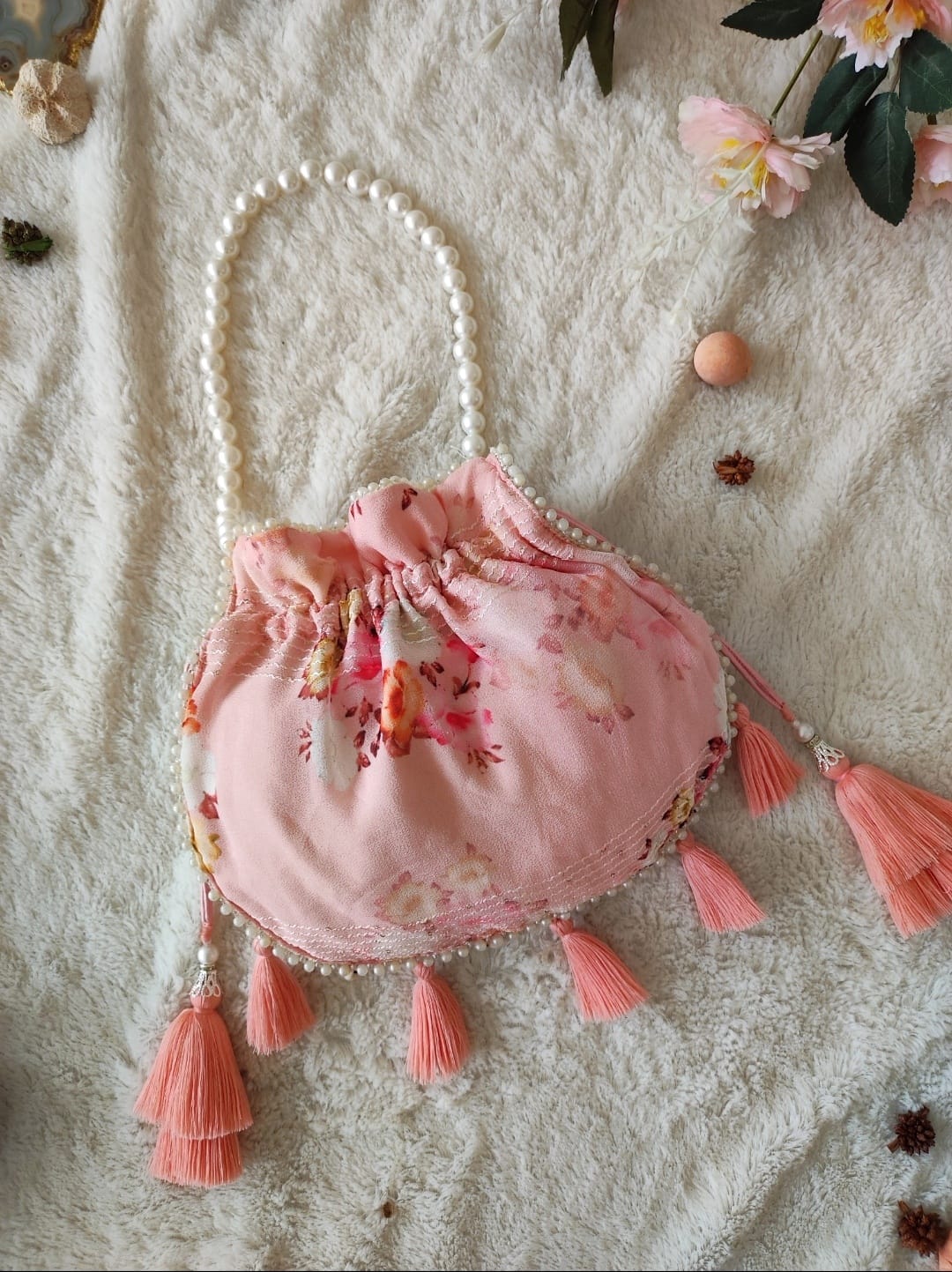 Carnation Pink Georgette Potli Bag